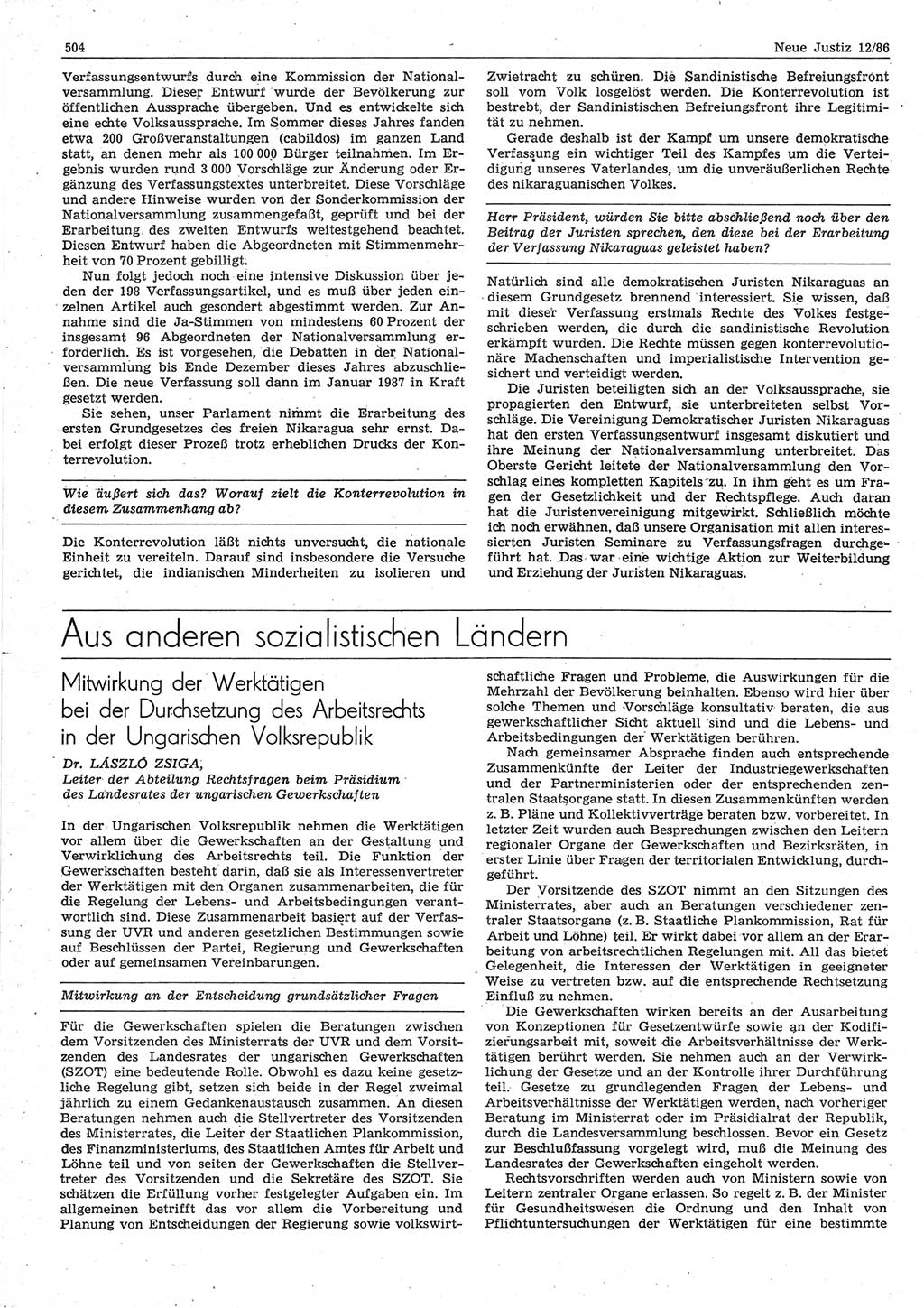 Neue Justiz (NJ), Zeitschrift für sozialistisches Recht und Gesetzlichkeit [Deutsche Demokratische Republik (DDR)], 40. Jahrgang 1986, Seite 504 (NJ DDR 1986, S. 504)