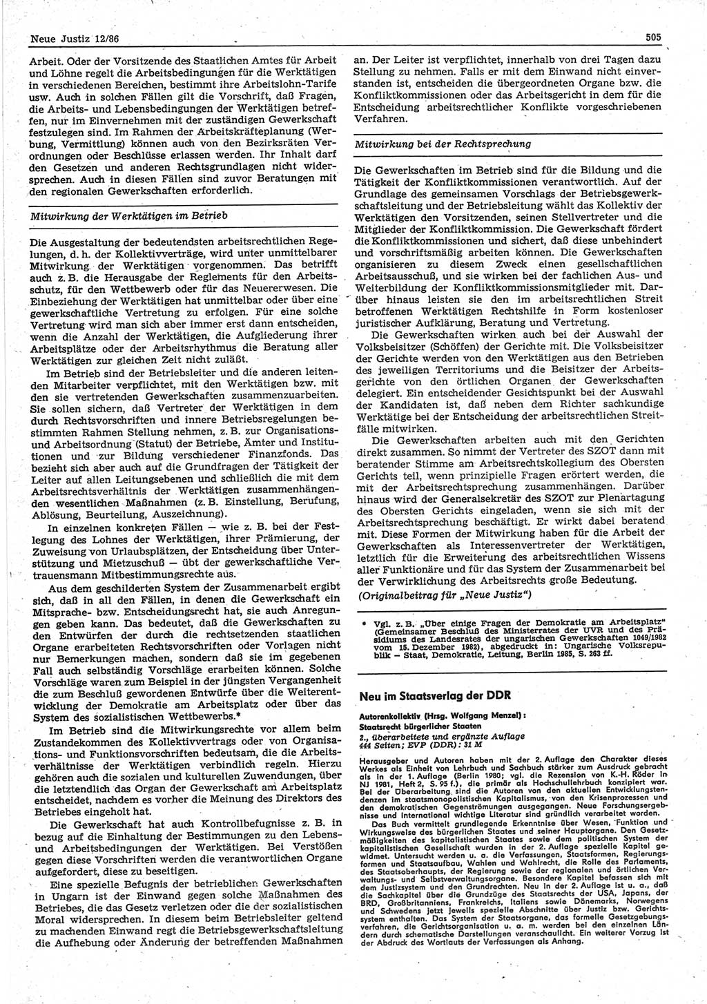 Neue Justiz (NJ), Zeitschrift für sozialistisches Recht und Gesetzlichkeit [Deutsche Demokratische Republik (DDR)], 40. Jahrgang 1986, Seite 505 (NJ DDR 1986, S. 505)