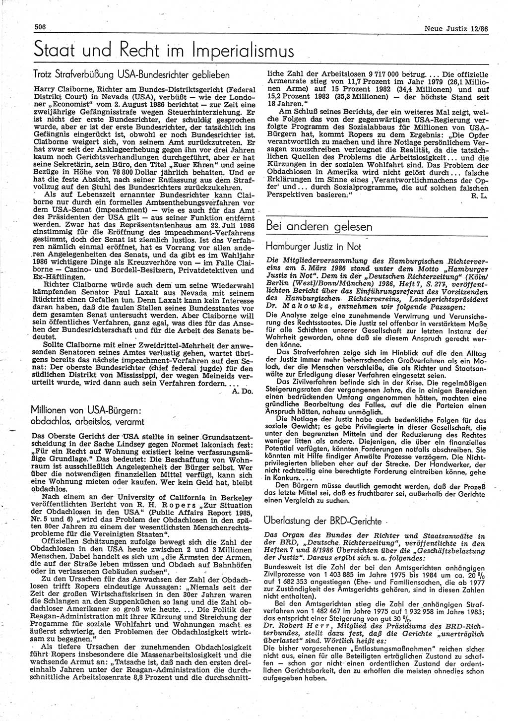 Neue Justiz (NJ), Zeitschrift für sozialistisches Recht und Gesetzlichkeit [Deutsche Demokratische Republik (DDR)], 40. Jahrgang 1986, Seite 506 (NJ DDR 1986, S. 506)