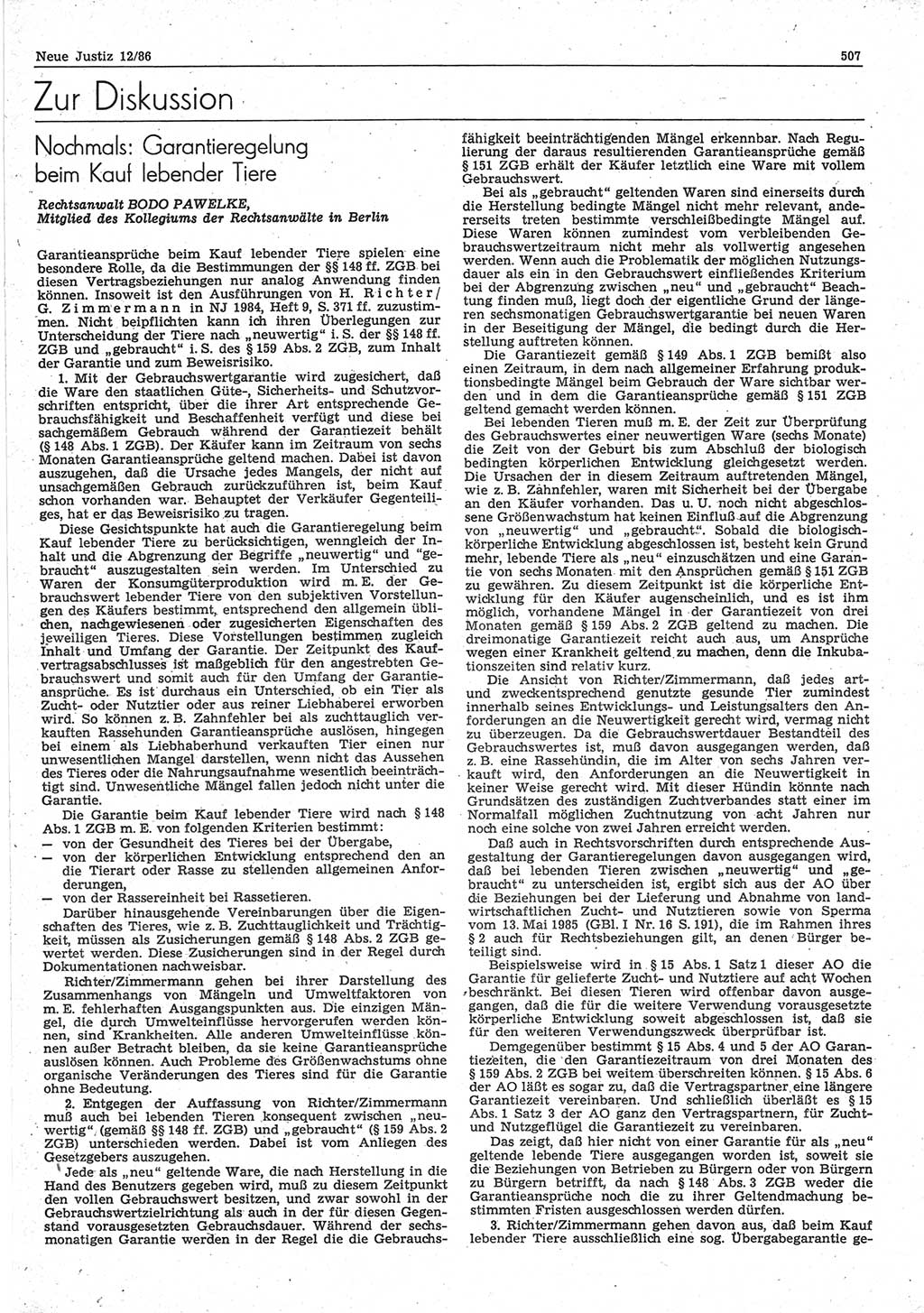 Neue Justiz (NJ), Zeitschrift für sozialistisches Recht und Gesetzlichkeit [Deutsche Demokratische Republik (DDR)], 40. Jahrgang 1986, Seite 507 (NJ DDR 1986, S. 507)
