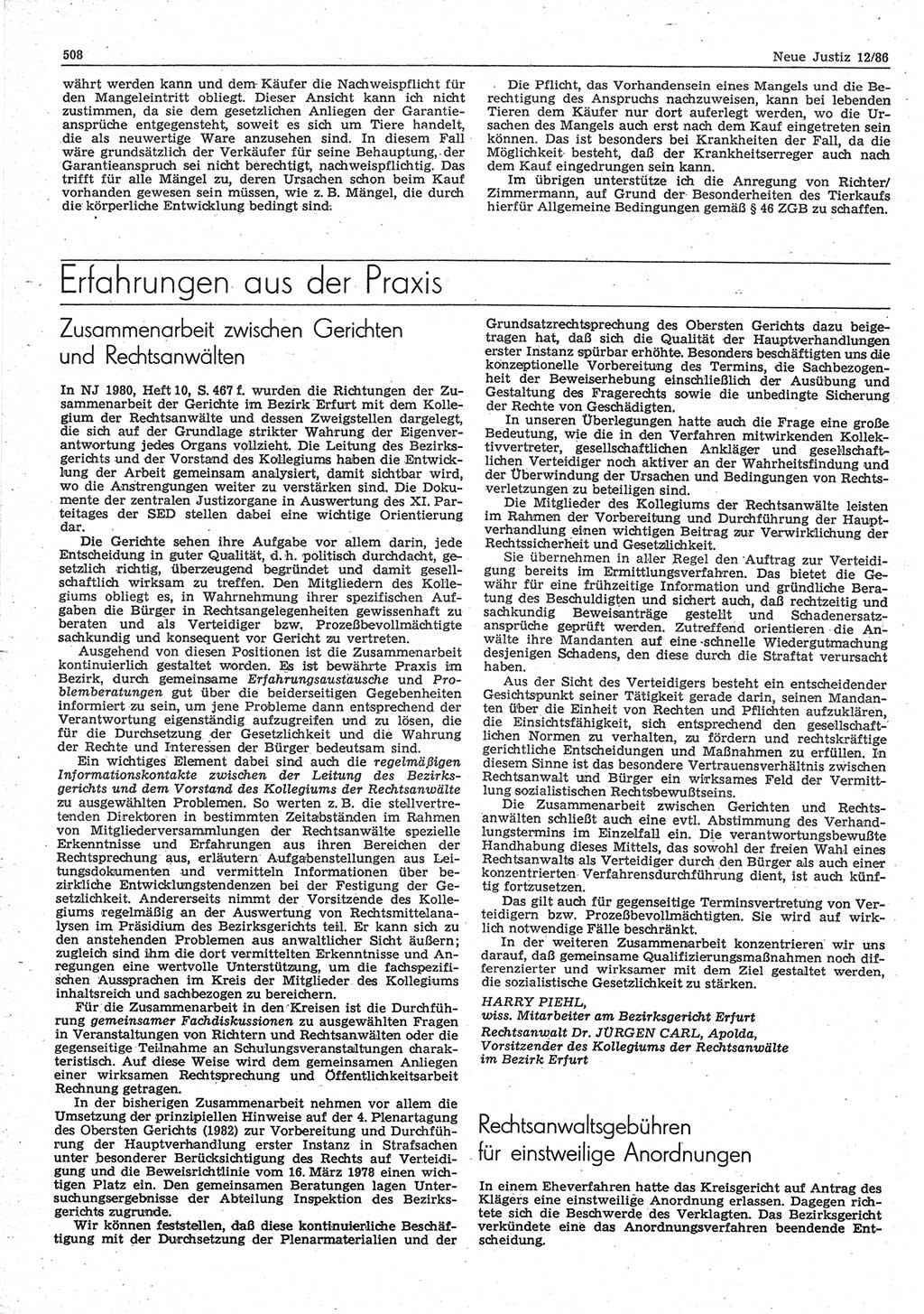 Neue Justiz (NJ), Zeitschrift für sozialistisches Recht und Gesetzlichkeit [Deutsche Demokratische Republik (DDR)], 40. Jahrgang 1986, Seite 508 (NJ DDR 1986, S. 508)