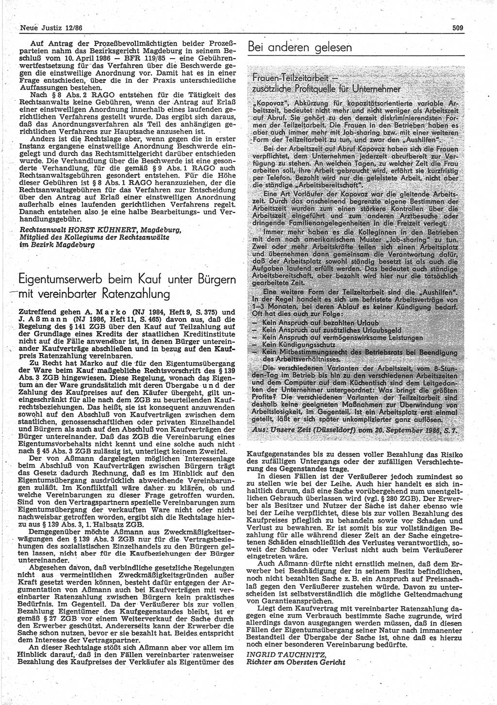 Neue Justiz (NJ), Zeitschrift für sozialistisches Recht und Gesetzlichkeit [Deutsche Demokratische Republik (DDR)], 40. Jahrgang 1986, Seite 509 (NJ DDR 1986, S. 509)