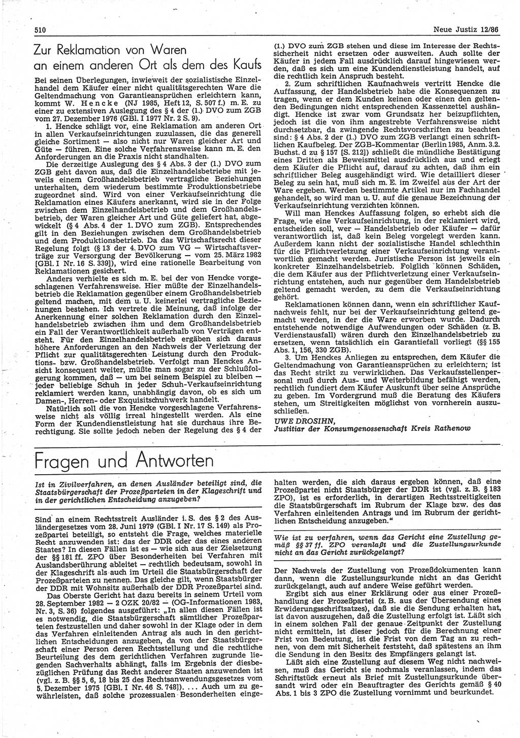 Neue Justiz (NJ), Zeitschrift für sozialistisches Recht und Gesetzlichkeit [Deutsche Demokratische Republik (DDR)], 40. Jahrgang 1986, Seite 510 (NJ DDR 1986, S. 510)
