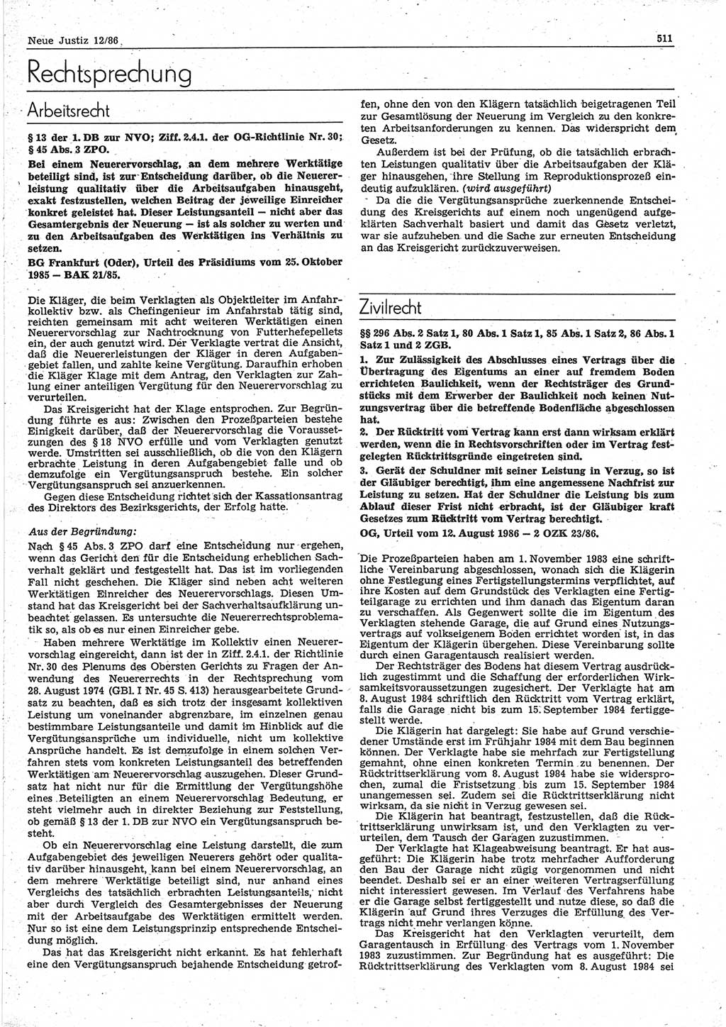 Neue Justiz (NJ), Zeitschrift für sozialistisches Recht und Gesetzlichkeit [Deutsche Demokratische Republik (DDR)], 40. Jahrgang 1986, Seite 511 (NJ DDR 1986, S. 511)