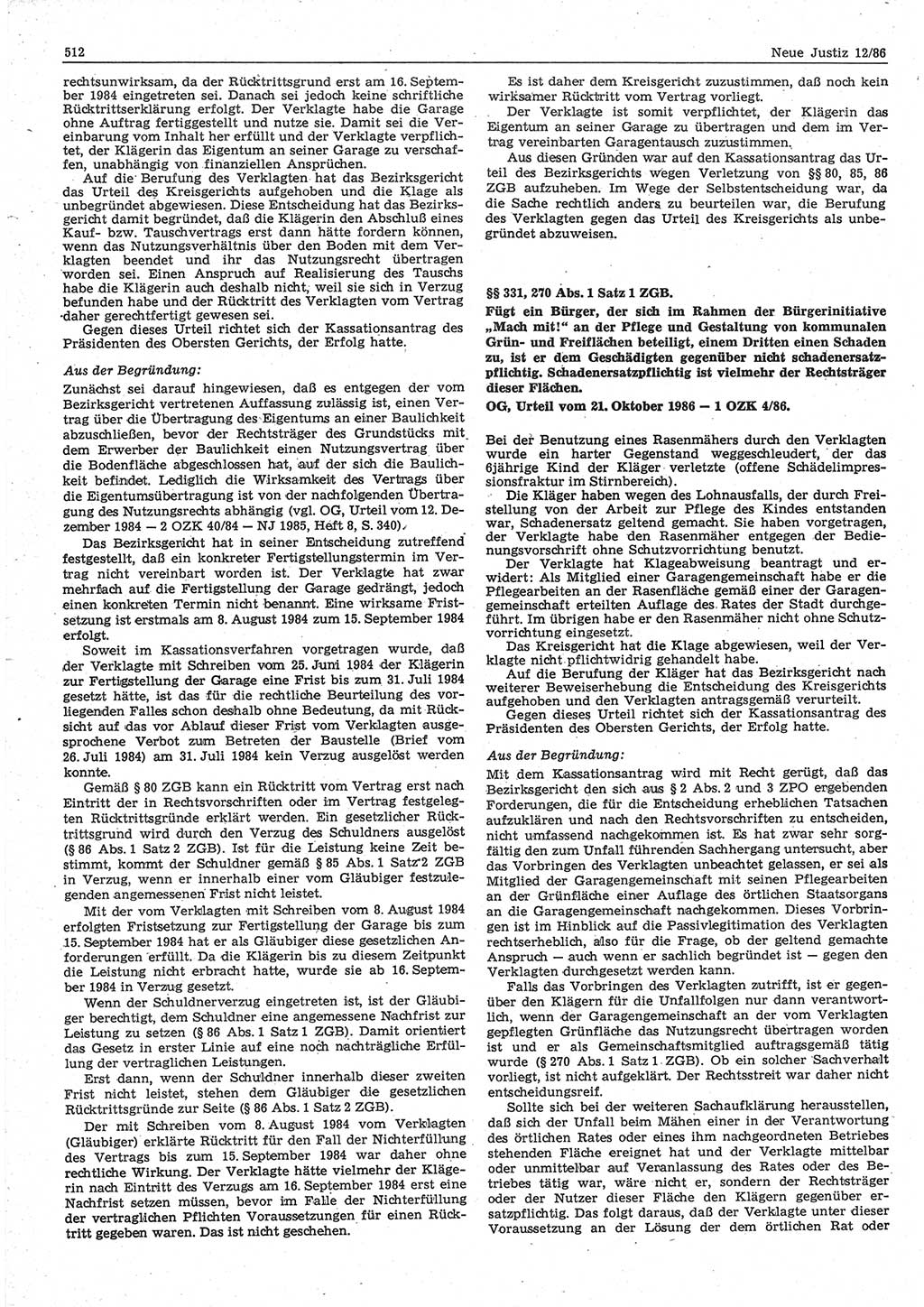 Neue Justiz (NJ), Zeitschrift für sozialistisches Recht und Gesetzlichkeit [Deutsche Demokratische Republik (DDR)], 40. Jahrgang 1986, Seite 512 (NJ DDR 1986, S. 512)