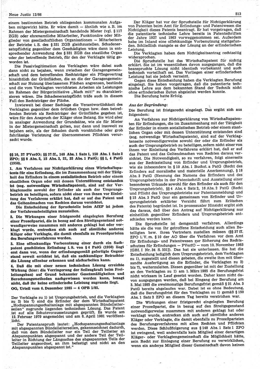 Neue Justiz (NJ), Zeitschrift für sozialistisches Recht und Gesetzlichkeit [Deutsche Demokratische Republik (DDR)], 40. Jahrgang 1986, Seite 513 (NJ DDR 1986, S. 513)