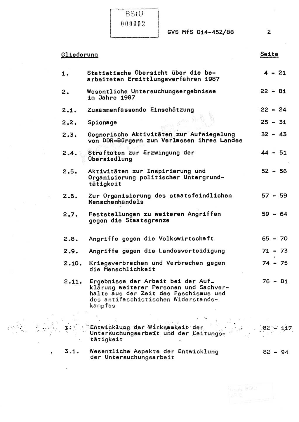 Jahresbericht der Hauptabteilung (HA) Ⅸ 1987, Einschätzung der Wirksamkeit der Untersuchungsarbeit im Jahre 1987, Ministerium für Staatssicherheit (MfS) der Deutschen Demokratischen Republik (DDR), Hauptabteilung Ⅸ, Geheime Verschlußsache (GVS) o014-452/88, Berlin 1988, Seite 2 (Einsch. MfS DDR HA Ⅸ GVS o014-452/88 1987, S. 2)