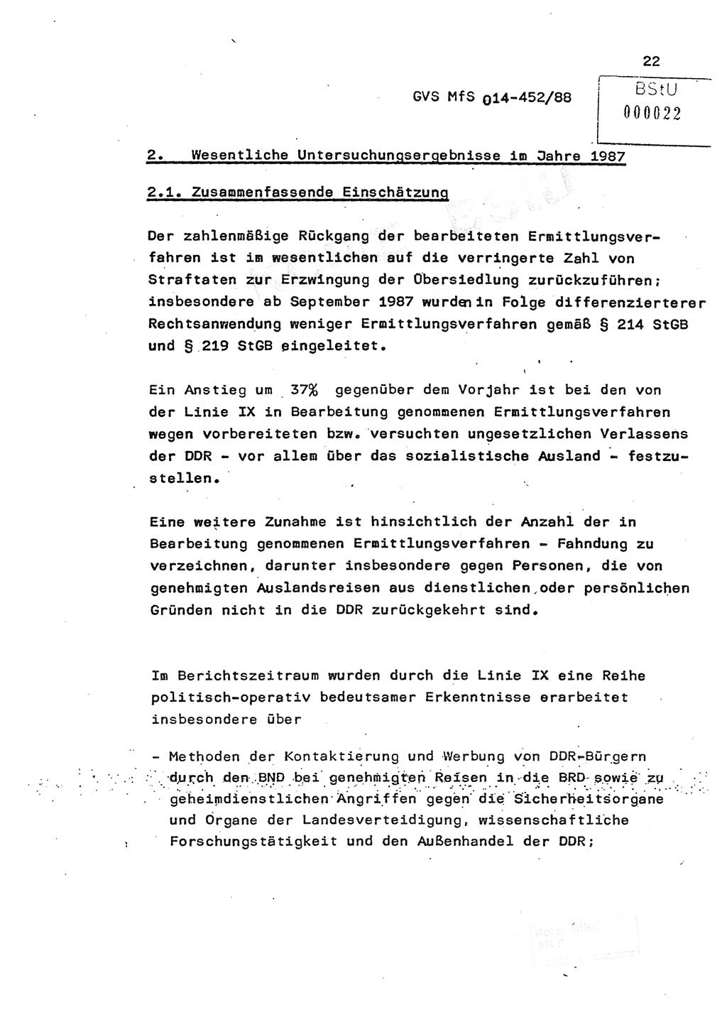 Jahresbericht der Hauptabteilung (HA) Ⅸ 1987, Einschätzung der Wirksamkeit der Untersuchungsarbeit im Jahre 1987, Ministerium für Staatssicherheit (MfS) der Deutschen Demokratischen Republik (DDR), Hauptabteilung Ⅸ, Geheime Verschlußsache (GVS) o014-452/88, Berlin 1988, Seite 22 (Einsch. MfS DDR HA Ⅸ GVS o014-452/88 1987, S. 22)