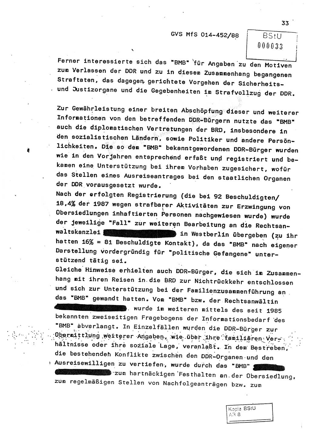 Jahresbericht der Hauptabteilung (HA) Ⅸ 1987, Einschätzung der Wirksamkeit der Untersuchungsarbeit im Jahre 1987, Ministerium für Staatssicherheit (MfS) der Deutschen Demokratischen Republik (DDR), Hauptabteilung Ⅸ, Geheime Verschlußsache (GVS) o014-452/88, Berlin 1988, Seite 33 (Einsch. MfS DDR HA Ⅸ GVS o014-452/88 1987, S. 33)