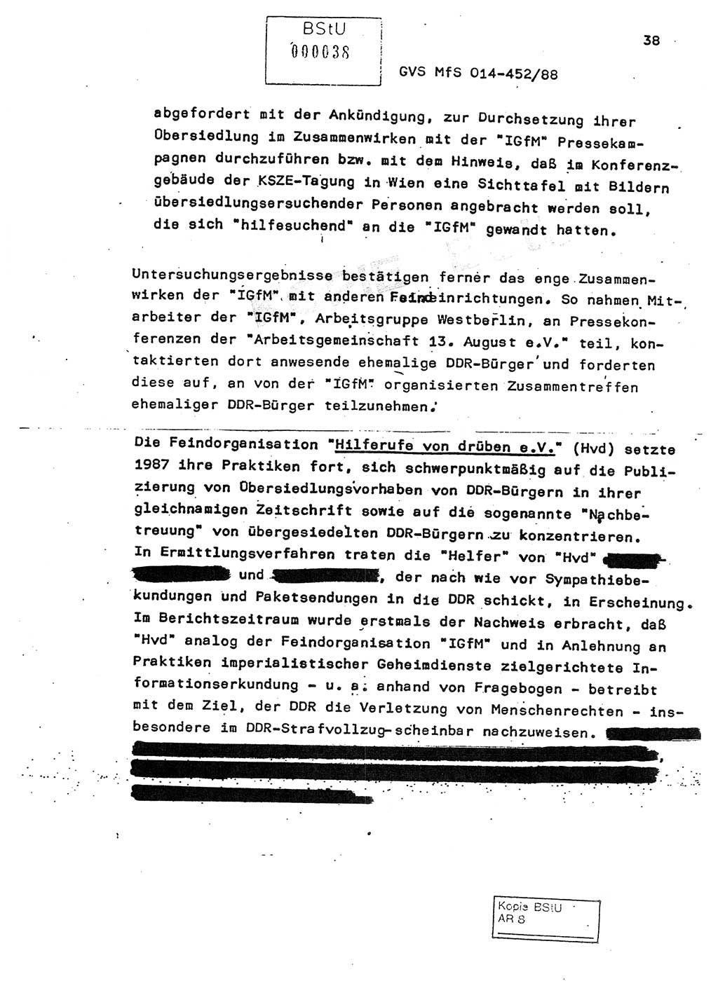 Jahresbericht der Hauptabteilung (HA) Ⅸ 1987, Einschätzung der Wirksamkeit der Untersuchungsarbeit im Jahre 1987, Ministerium für Staatssicherheit (MfS) der Deutschen Demokratischen Republik (DDR), Hauptabteilung Ⅸ, Geheime Verschlußsache (GVS) o014-452/88, Berlin 1988, Seite 38 (Einsch. MfS DDR HA Ⅸ GVS o014-452/88 1987, S. 38)