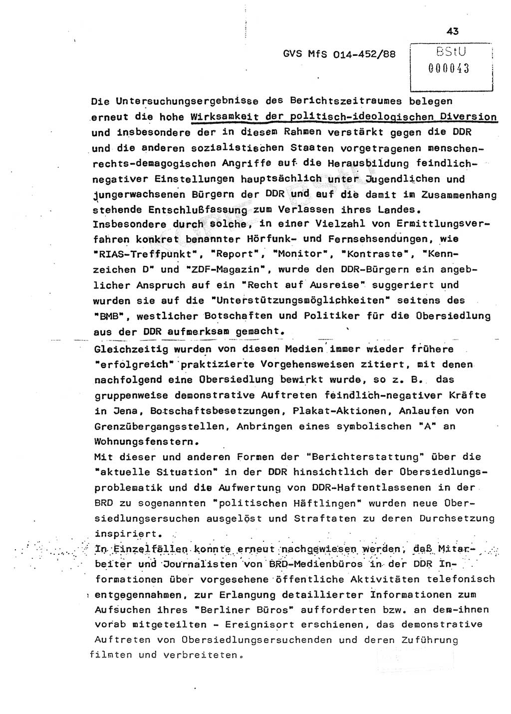 Jahresbericht der Hauptabteilung (HA) Ⅸ 1987, Einschätzung der Wirksamkeit der Untersuchungsarbeit im Jahre 1987, Ministerium für Staatssicherheit (MfS) der Deutschen Demokratischen Republik (DDR), Hauptabteilung Ⅸ, Geheime Verschlußsache (GVS) o014-452/88, Berlin 1988, Seite 43 (Einsch. MfS DDR HA Ⅸ GVS o014-452/88 1987, S. 43)