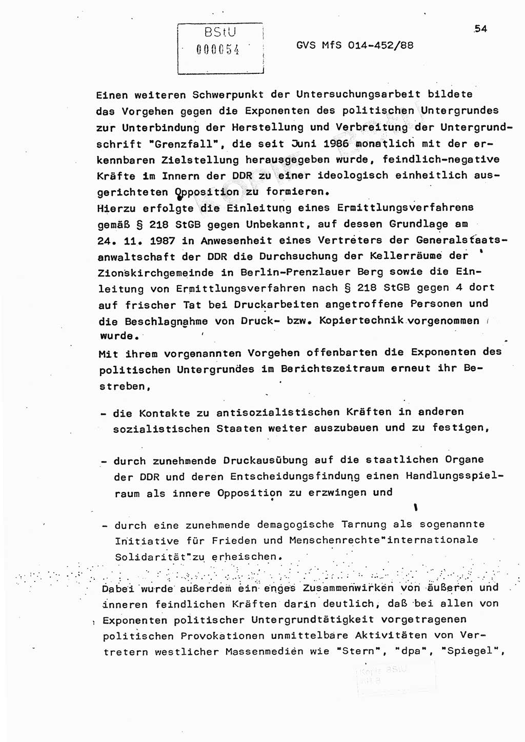 Jahresbericht der Hauptabteilung (HA) Ⅸ 1987, Einschätzung der Wirksamkeit der Untersuchungsarbeit im Jahre 1987, Ministerium für Staatssicherheit (MfS) der Deutschen Demokratischen Republik (DDR), Hauptabteilung Ⅸ, Geheime Verschlußsache (GVS) o014-452/88, Berlin 1988, Seite 54 (Einsch. MfS DDR HA Ⅸ GVS o014-452/88 1987, S. 54)