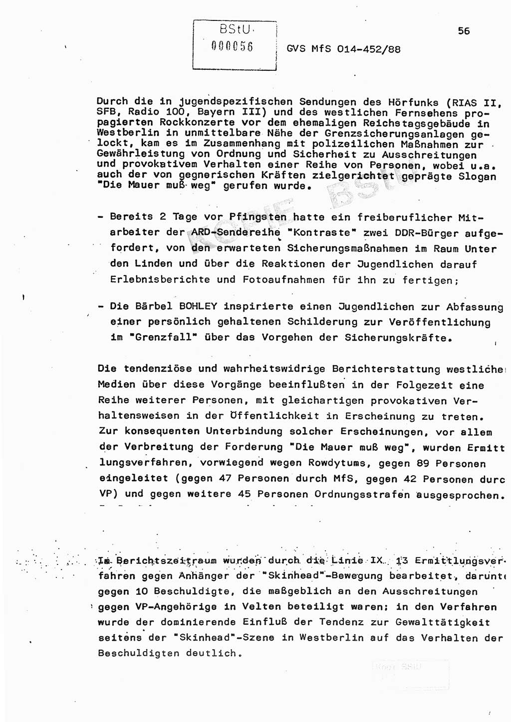 Jahresbericht der Hauptabteilung (HA) Ⅸ 1987, Einschätzung der Wirksamkeit der Untersuchungsarbeit im Jahre 1987, Ministerium für Staatssicherheit (MfS) der Deutschen Demokratischen Republik (DDR), Hauptabteilung Ⅸ, Geheime Verschlußsache (GVS) o014-452/88, Berlin 1988, Seite 56 (Einsch. MfS DDR HA Ⅸ GVS o014-452/88 1987, S. 56)