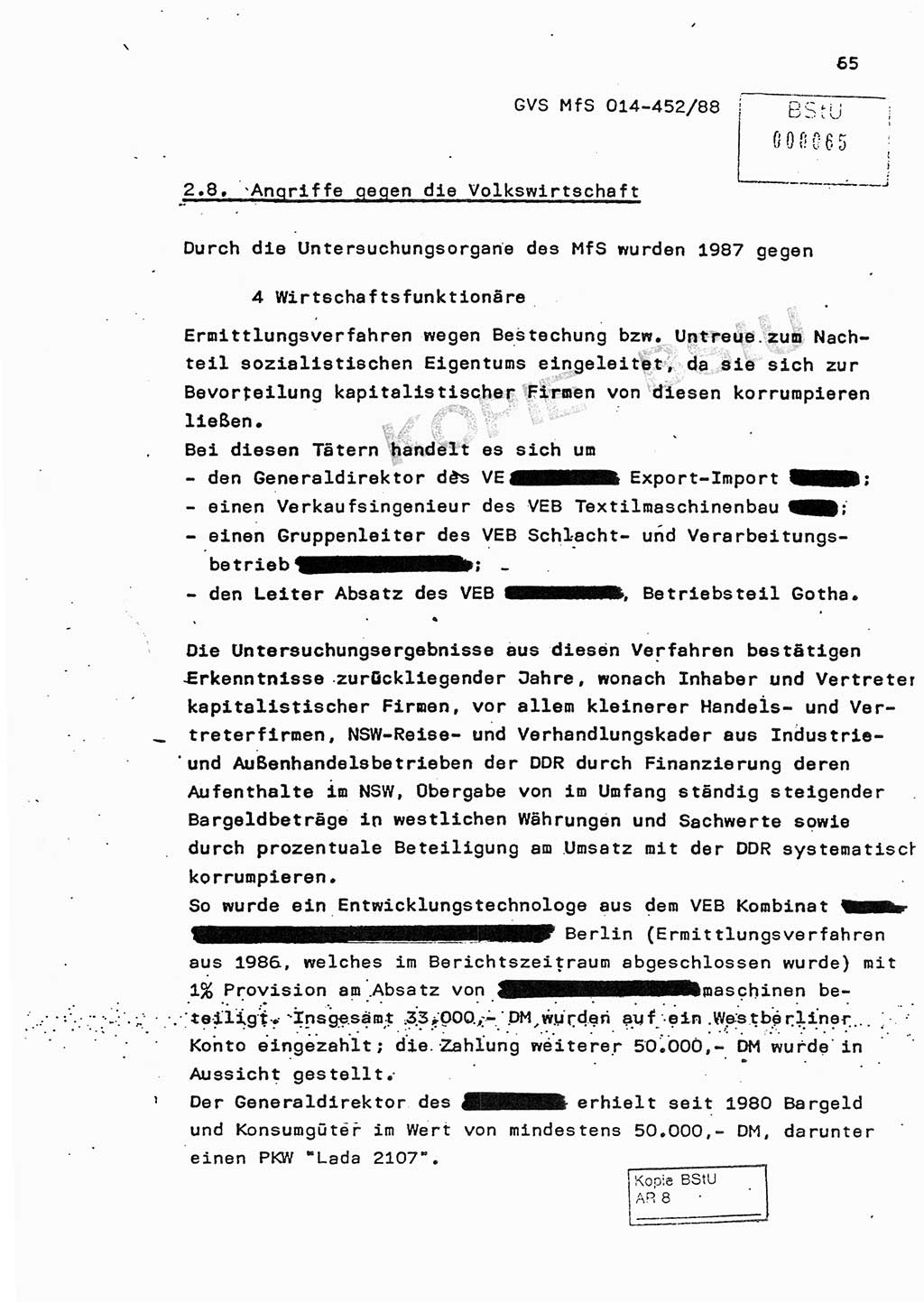 Jahresbericht der Hauptabteilung (HA) Ⅸ 1987, Einschätzung der Wirksamkeit der Untersuchungsarbeit im Jahre 1987, Ministerium für Staatssicherheit (MfS) der Deutschen Demokratischen Republik (DDR), Hauptabteilung Ⅸ, Geheime Verschlußsache (GVS) o014-452/88, Berlin 1988, Seite 65 (Einsch. MfS DDR HA Ⅸ GVS o014-452/88 1987, S. 65)