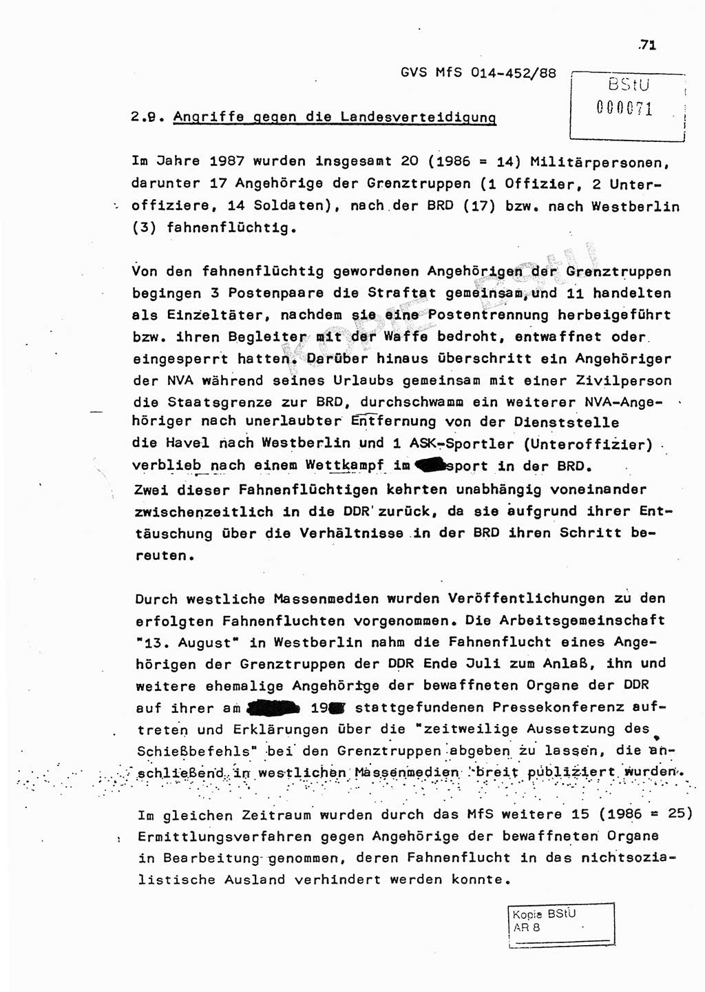 Jahresbericht der Hauptabteilung (HA) Ⅸ 1987, Einschätzung der Wirksamkeit der Untersuchungsarbeit im Jahre 1987, Ministerium für Staatssicherheit (MfS) der Deutschen Demokratischen Republik (DDR), Hauptabteilung Ⅸ, Geheime Verschlußsache (GVS) o014-452/88, Berlin 1988, Seite 71 (Einsch. MfS DDR HA Ⅸ GVS o014-452/88 1987, S. 71)