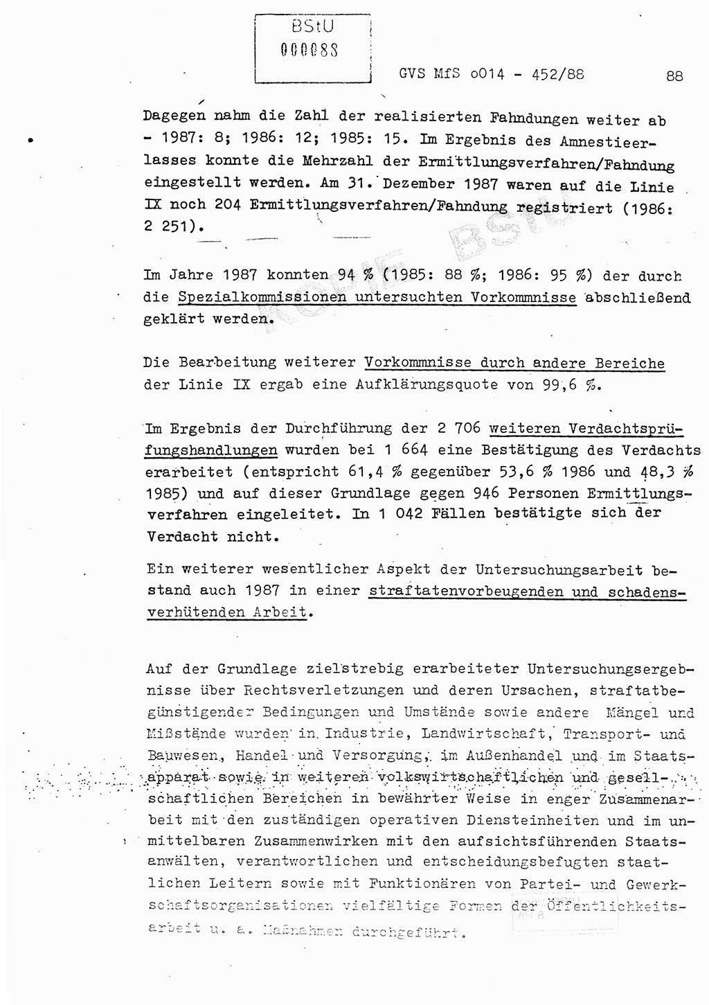Jahresbericht der Hauptabteilung (HA) Ⅸ 1987, Einschätzung der Wirksamkeit der Untersuchungsarbeit im Jahre 1987, Ministerium für Staatssicherheit (MfS) der Deutschen Demokratischen Republik (DDR), Hauptabteilung Ⅸ, Geheime Verschlußsache (GVS) o014-452/88, Berlin 1988, Seite 88 (Einsch. MfS DDR HA Ⅸ GVS o014-452/88 1987, S. 88)