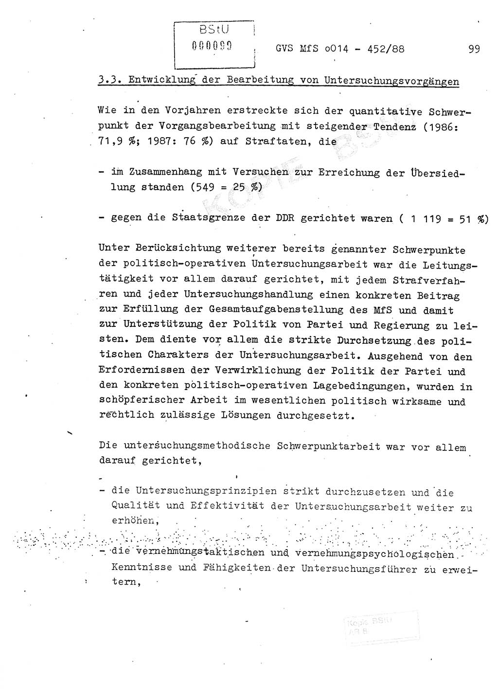 Jahresbericht der Hauptabteilung (HA) Ⅸ 1987, Einschätzung der Wirksamkeit der Untersuchungsarbeit im Jahre 1987, Ministerium für Staatssicherheit (MfS) der Deutschen Demokratischen Republik (DDR), Hauptabteilung Ⅸ, Geheime Verschlußsache (GVS) o014-452/88, Berlin 1988, Seite 99 (Einsch. MfS DDR HA Ⅸ GVS o014-452/88 1987, S. 99)