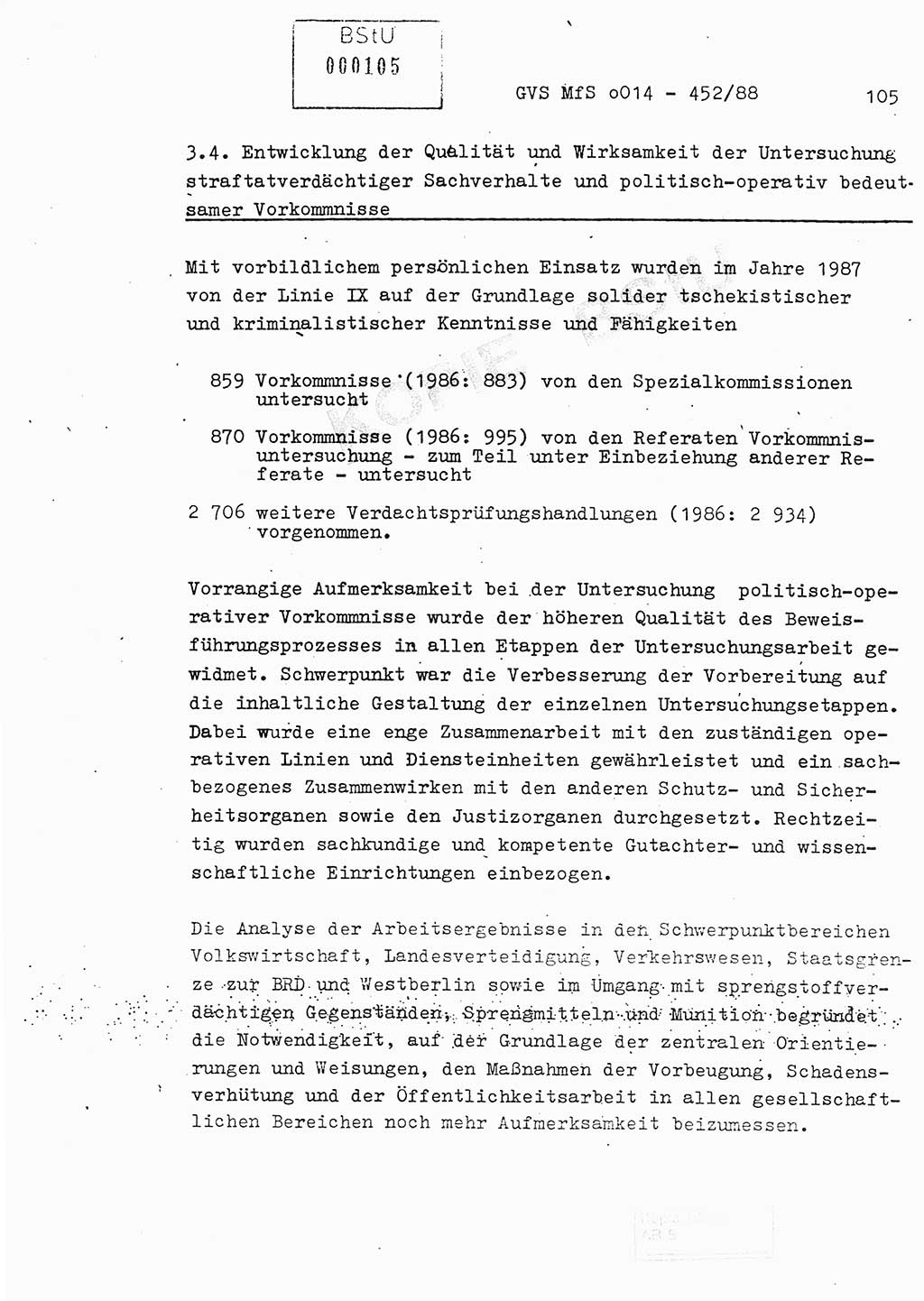Jahresbericht der Hauptabteilung (HA) Ⅸ 1987, Einschätzung der Wirksamkeit der Untersuchungsarbeit im Jahre 1987, Ministerium für Staatssicherheit (MfS) der Deutschen Demokratischen Republik (DDR), Hauptabteilung Ⅸ, Geheime Verschlußsache (GVS) o014-452/88, Berlin 1988, Seite 105 (Einsch. MfS DDR HA Ⅸ GVS o014-452/88 1987, S. 105)