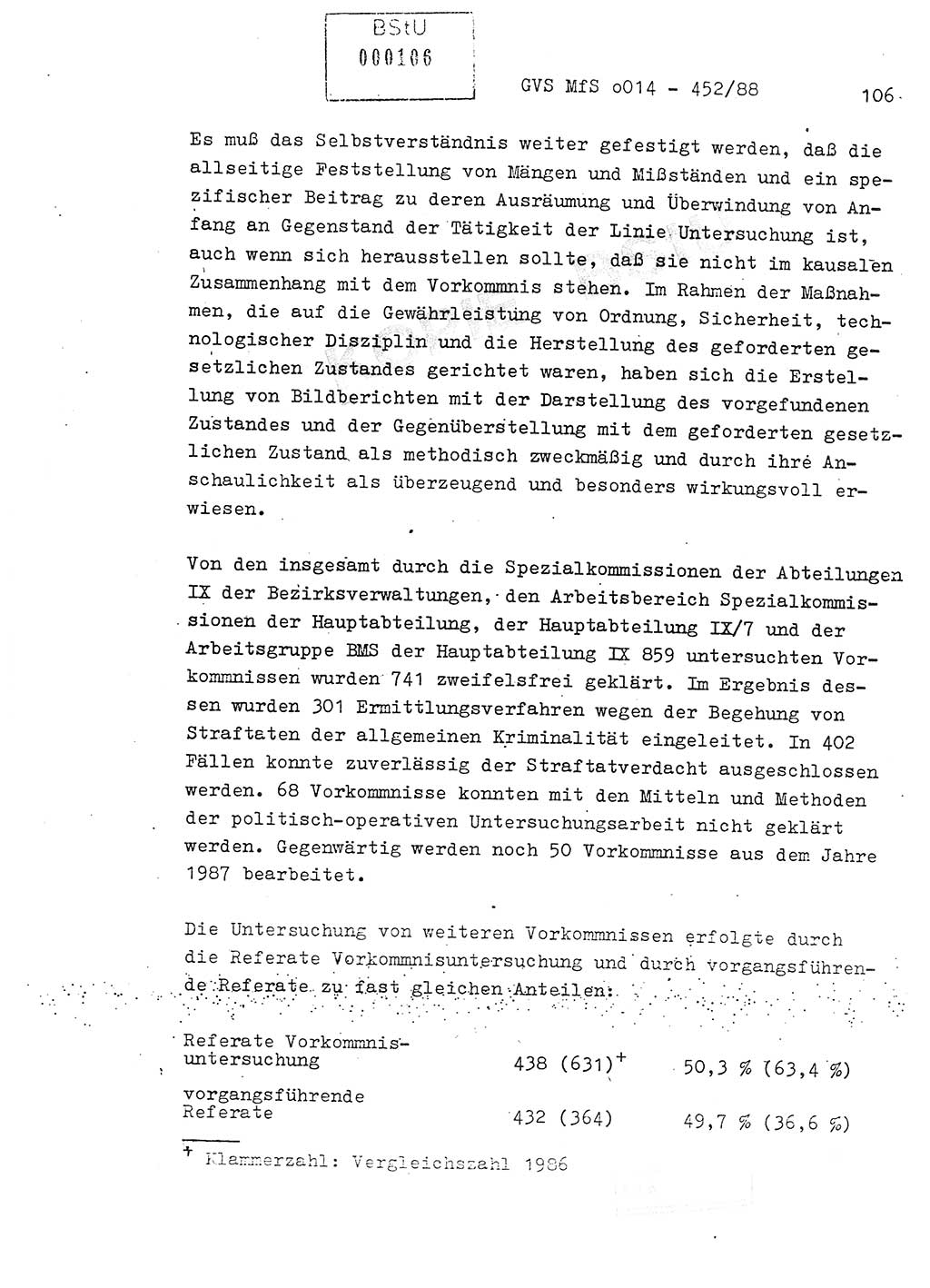 Jahresbericht der Hauptabteilung (HA) Ⅸ 1987, Einschätzung der Wirksamkeit der Untersuchungsarbeit im Jahre 1987, Ministerium für Staatssicherheit (MfS) der Deutschen Demokratischen Republik (DDR), Hauptabteilung Ⅸ, Geheime Verschlußsache (GVS) o014-452/88, Berlin 1988, Seite 106 (Einsch. MfS DDR HA Ⅸ GVS o014-452/88 1987, S. 106)