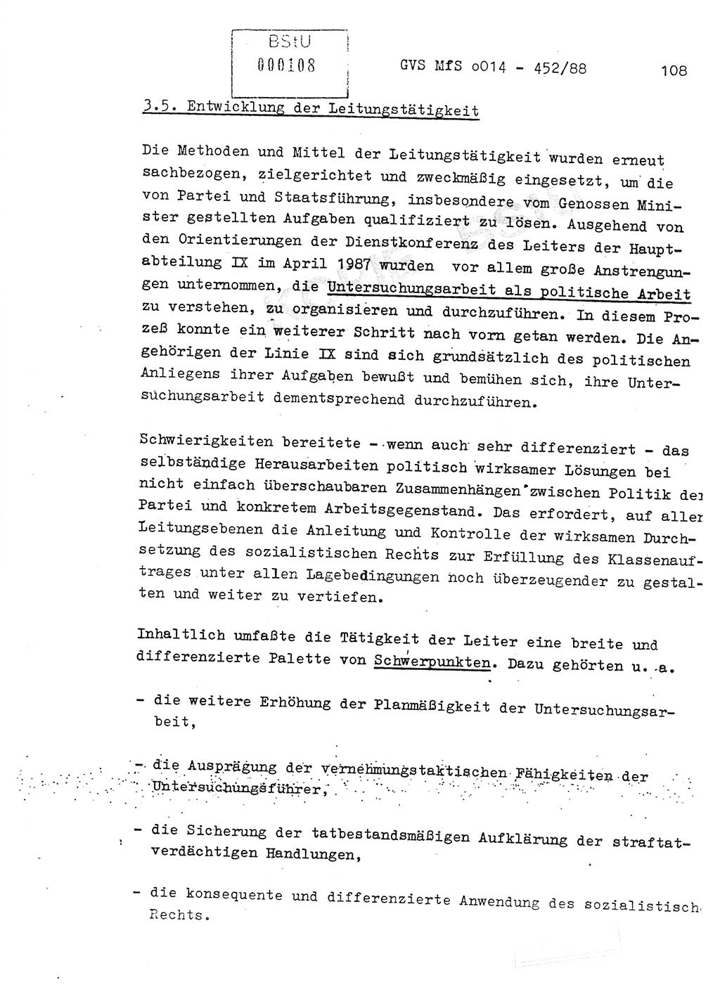 Jahresbericht der Hauptabteilung (HA) Ⅸ 1987, Einschätzung der Wirksamkeit der Untersuchungsarbeit im Jahre 1987, Ministerium für Staatssicherheit (MfS) der Deutschen Demokratischen Republik (DDR), Hauptabteilung Ⅸ, Geheime Verschlußsache (GVS) o014-452/88, Berlin 1988, Seite 108 (Einsch. MfS DDR HA Ⅸ GVS o014-452/88 1987, S. 108)