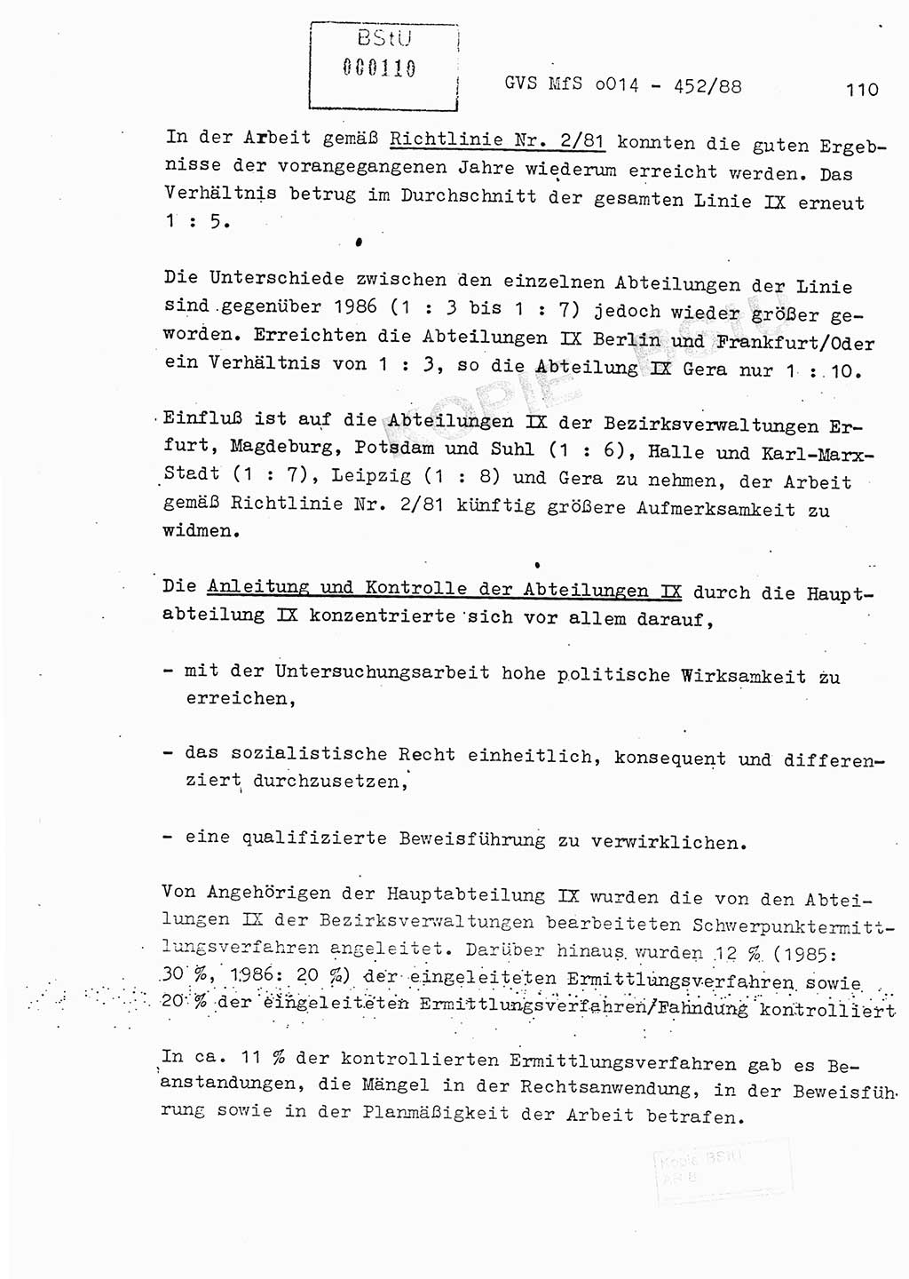 Jahresbericht der Hauptabteilung (HA) Ⅸ 1987, Einschätzung der Wirksamkeit der Untersuchungsarbeit im Jahre 1987, Ministerium für Staatssicherheit (MfS) der Deutschen Demokratischen Republik (DDR), Hauptabteilung Ⅸ, Geheime Verschlußsache (GVS) o014-452/88, Berlin 1988, Seite 110 (Einsch. MfS DDR HA Ⅸ GVS o014-452/88 1987, S. 110)