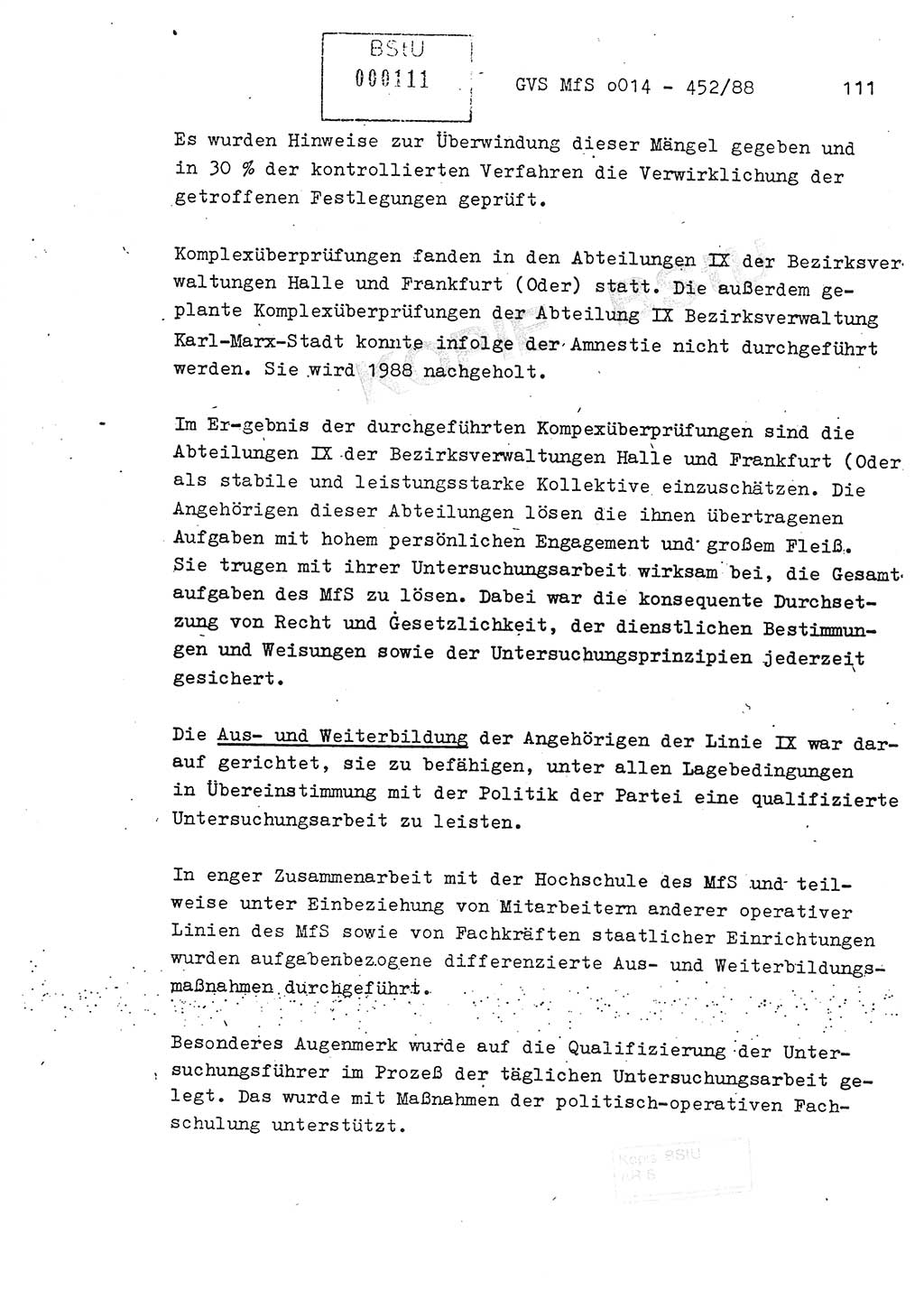 Jahresbericht der Hauptabteilung (HA) Ⅸ 1987, Einschätzung der Wirksamkeit der Untersuchungsarbeit im Jahre 1987, Ministerium für Staatssicherheit (MfS) der Deutschen Demokratischen Republik (DDR), Hauptabteilung Ⅸ, Geheime Verschlußsache (GVS) o014-452/88, Berlin 1988, Seite 111 (Einsch. MfS DDR HA Ⅸ GVS o014-452/88 1987, S. 111)