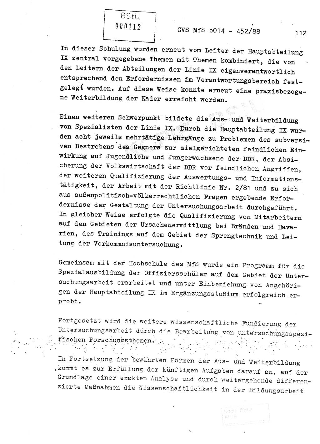 Jahresbericht der Hauptabteilung (HA) Ⅸ 1987, Einschätzung der Wirksamkeit der Untersuchungsarbeit im Jahre 1987, Ministerium für Staatssicherheit (MfS) der Deutschen Demokratischen Republik (DDR), Hauptabteilung Ⅸ, Geheime Verschlußsache (GVS) o014-452/88, Berlin 1988, Seite 112 (Einsch. MfS DDR HA Ⅸ GVS o014-452/88 1987, S. 112)