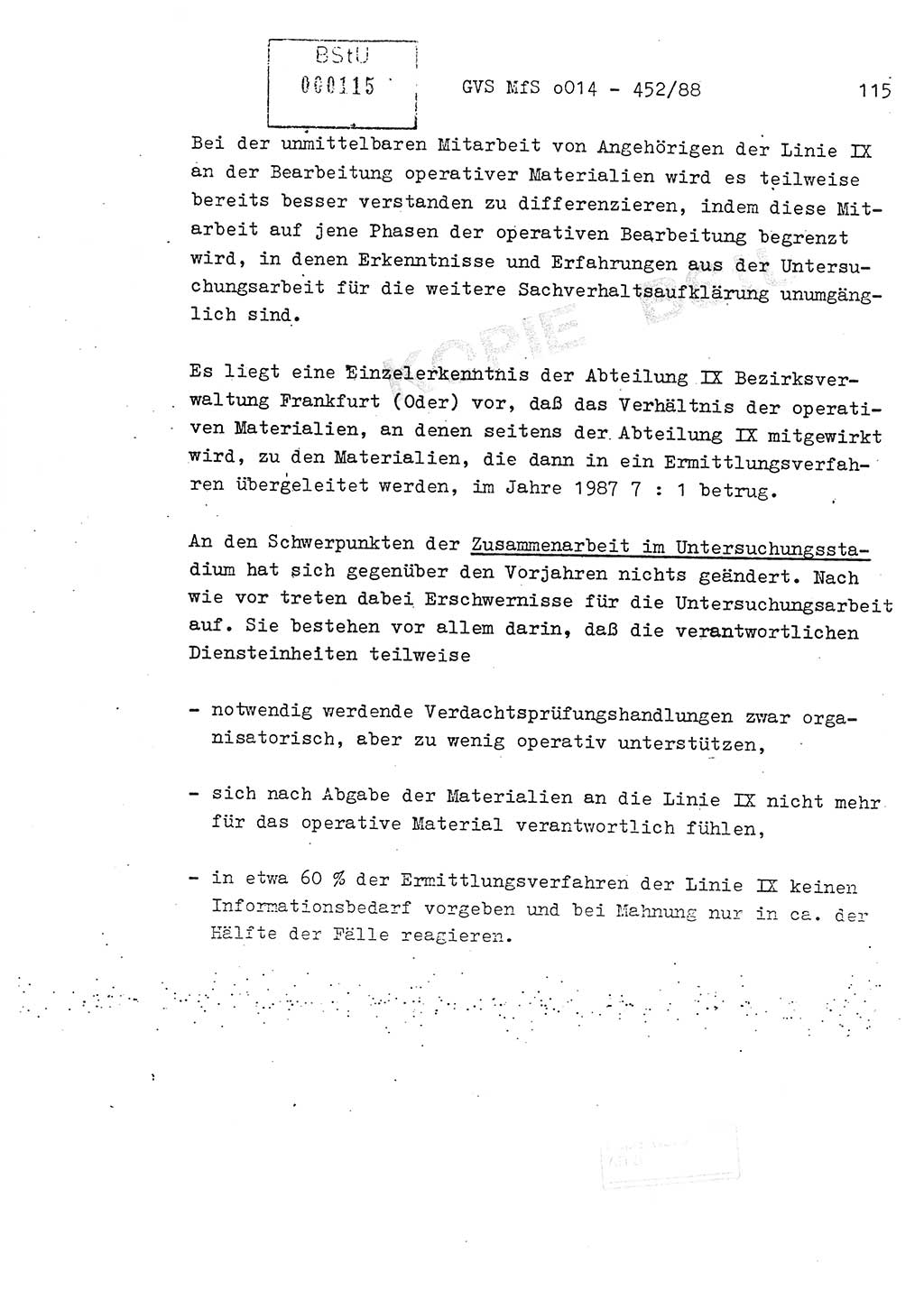 Jahresbericht der Hauptabteilung (HA) Ⅸ 1987, Einschätzung der Wirksamkeit der Untersuchungsarbeit im Jahre 1987, Ministerium für Staatssicherheit (MfS) der Deutschen Demokratischen Republik (DDR), Hauptabteilung Ⅸ, Geheime Verschlußsache (GVS) o014-452/88, Berlin 1988, Seite 115 (Einsch. MfS DDR HA Ⅸ GVS o014-452/88 1987, S. 115)