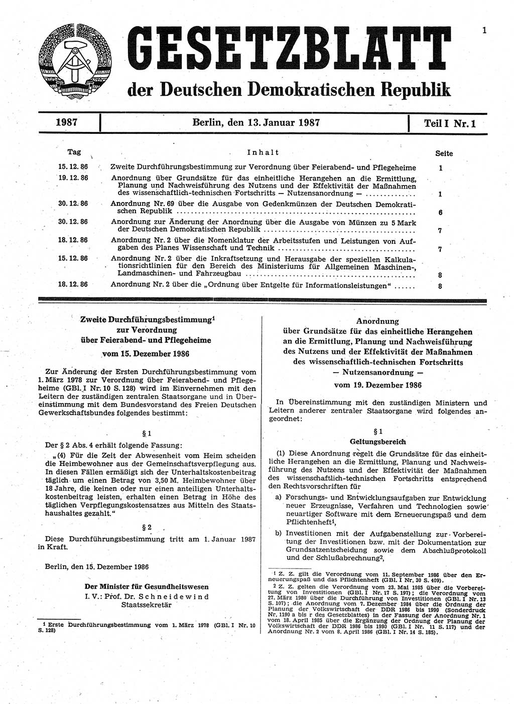 Gesetzblatt (GBl.) der Deutschen Demokratischen Republik (DDR) Teil Ⅰ 1987, Seite 1 (GBl. DDR Ⅰ 1987, S. 1)