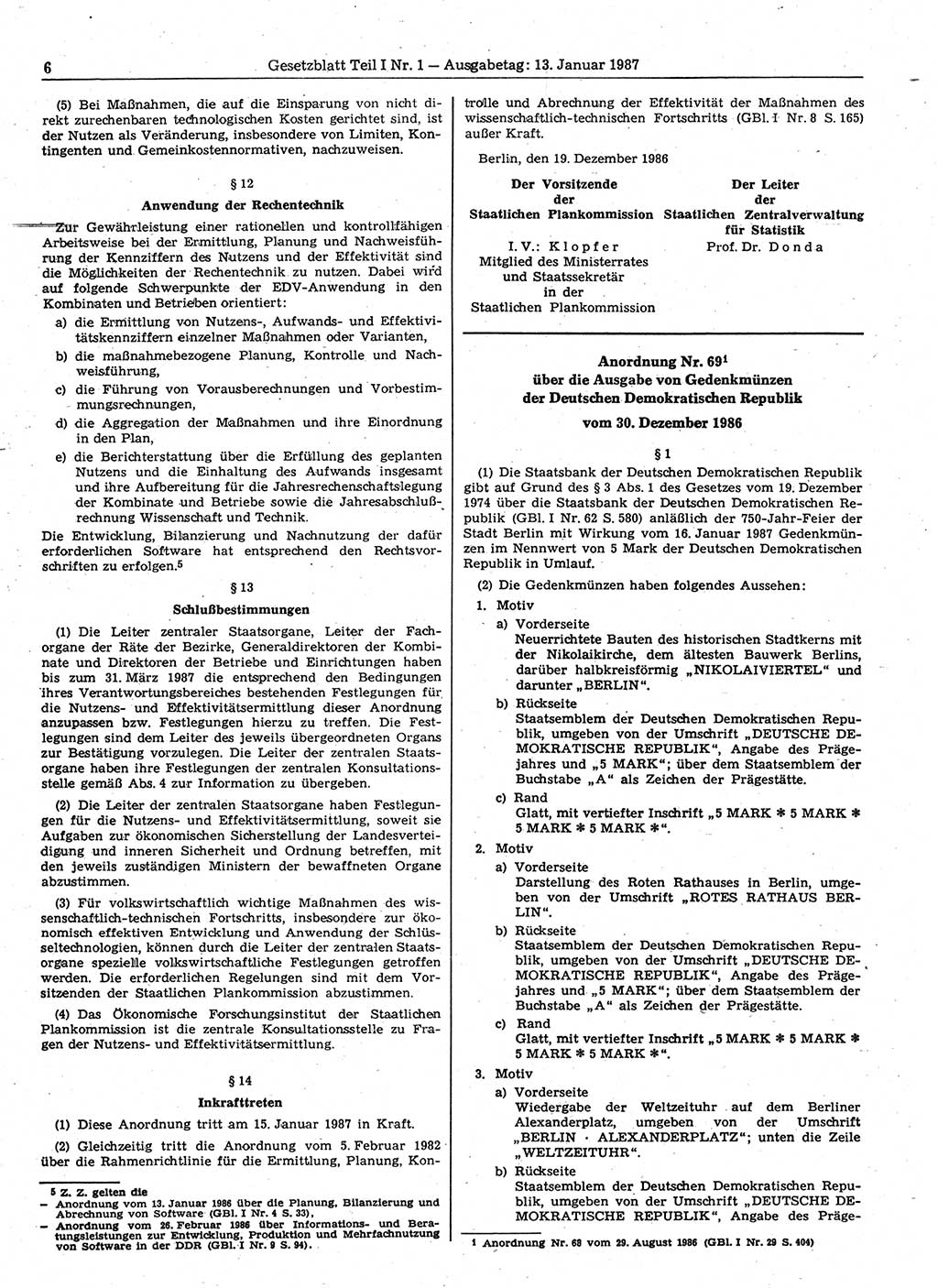 Gesetzblatt (GBl.) der Deutschen Demokratischen Republik (DDR) Teil Ⅰ 1987, Seite 6 (GBl. DDR Ⅰ 1987, S. 6)