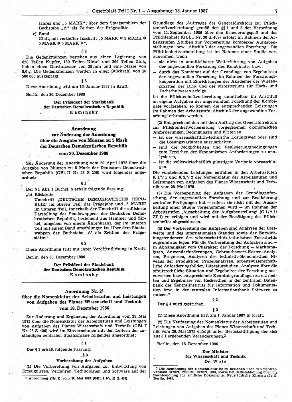Gesetzblatt (GBl.) der Deutschen Demokratischen Republik (DDR) Teil Ⅰ 1987, Seite 7 (GBl. DDR Ⅰ 1987, S. 7)