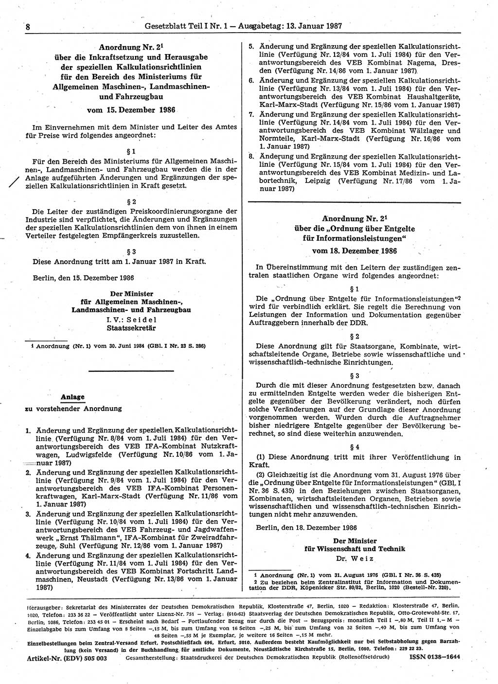 Gesetzblatt (GBl.) der Deutschen Demokratischen Republik (DDR) Teil Ⅰ 1987, Seite 8 (GBl. DDR Ⅰ 1987, S. 8)