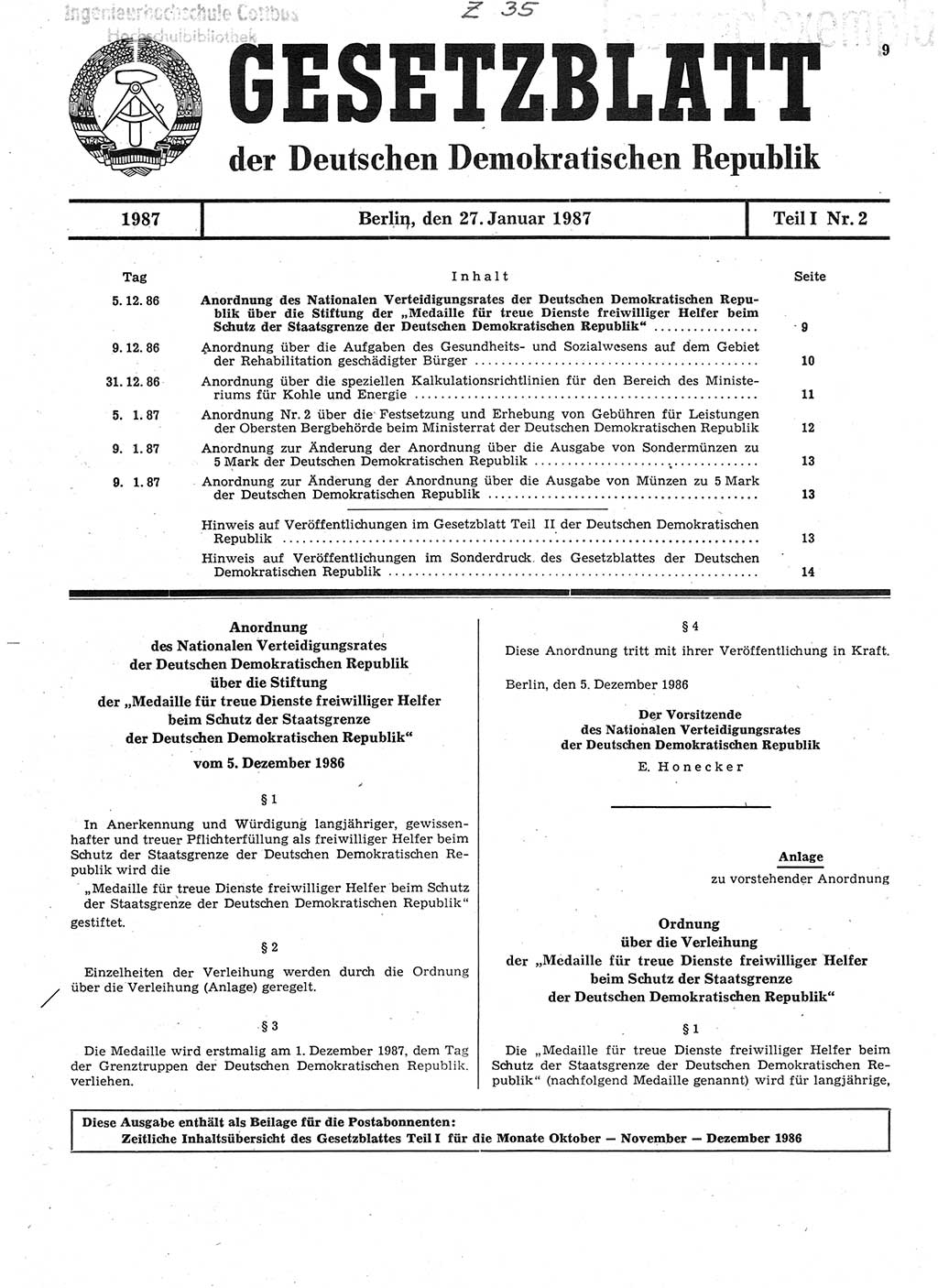 Gesetzblatt (GBl.) der Deutschen Demokratischen Republik (DDR) Teil Ⅰ 1987, Seite 9 (GBl. DDR Ⅰ 1987, S. 9)