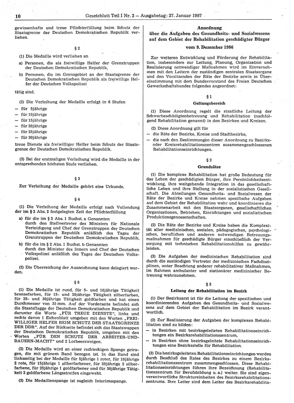Gesetzblatt (GBl.) der Deutschen Demokratischen Republik (DDR) Teil Ⅰ 1987, Seite 10 (GBl. DDR Ⅰ 1987, S. 10)