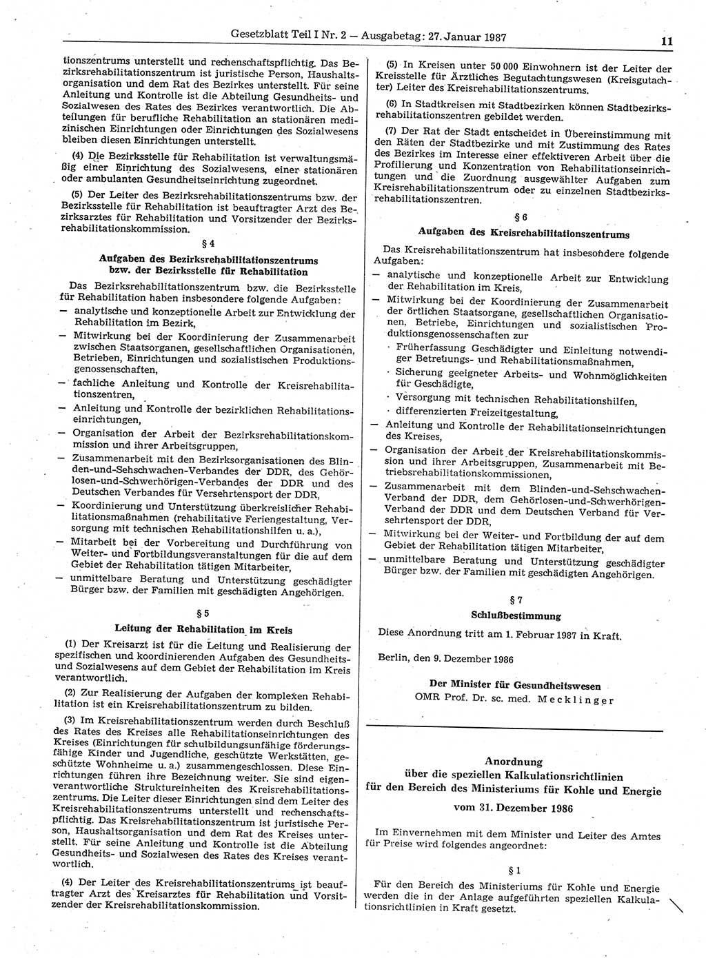 Gesetzblatt (GBl.) der Deutschen Demokratischen Republik (DDR) Teil Ⅰ 1987, Seite 11 (GBl. DDR Ⅰ 1987, S. 11)