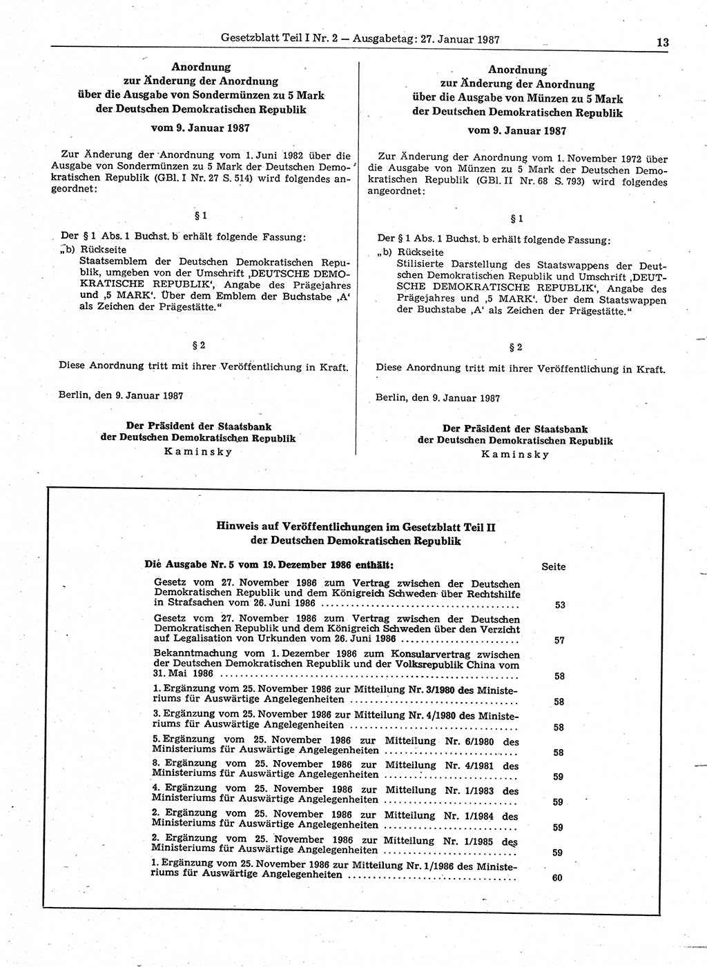 Gesetzblatt (GBl.) der Deutschen Demokratischen Republik (DDR) Teil Ⅰ 1987, Seite 13 (GBl. DDR Ⅰ 1987, S. 13)