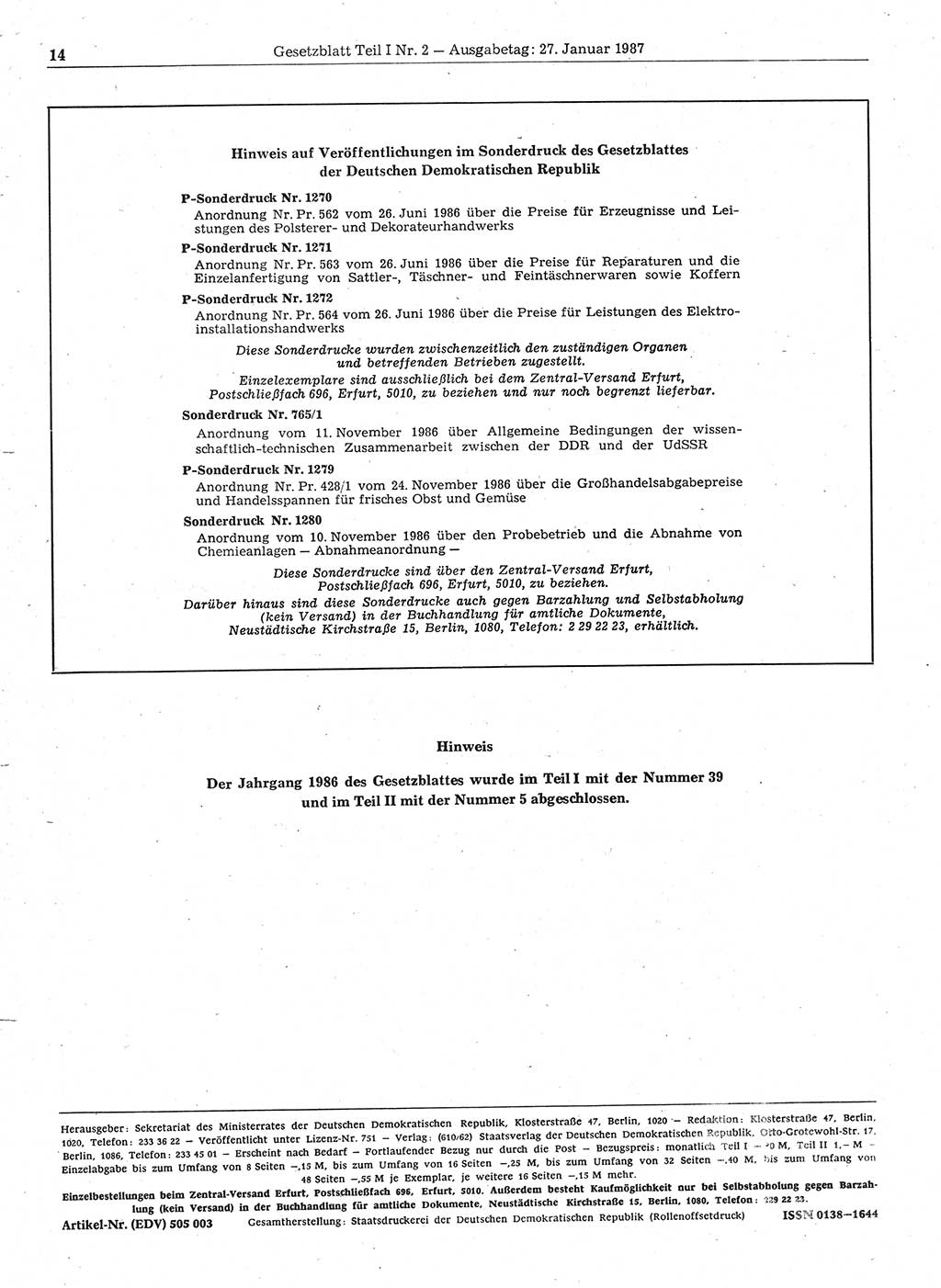 Gesetzblatt (GBl.) der Deutschen Demokratischen Republik (DDR) Teil Ⅰ 1987, Seite 14 (GBl. DDR Ⅰ 1987, S. 14)