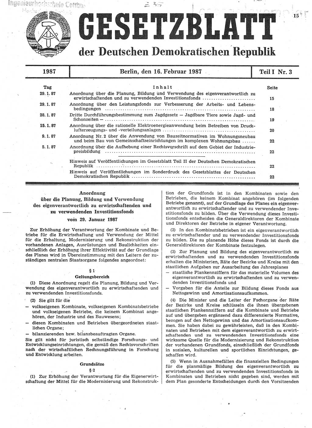 Gesetzblatt (GBl.) der Deutschen Demokratischen Republik (DDR) Teil Ⅰ 1987, Seite 15 (GBl. DDR Ⅰ 1987, S. 15)