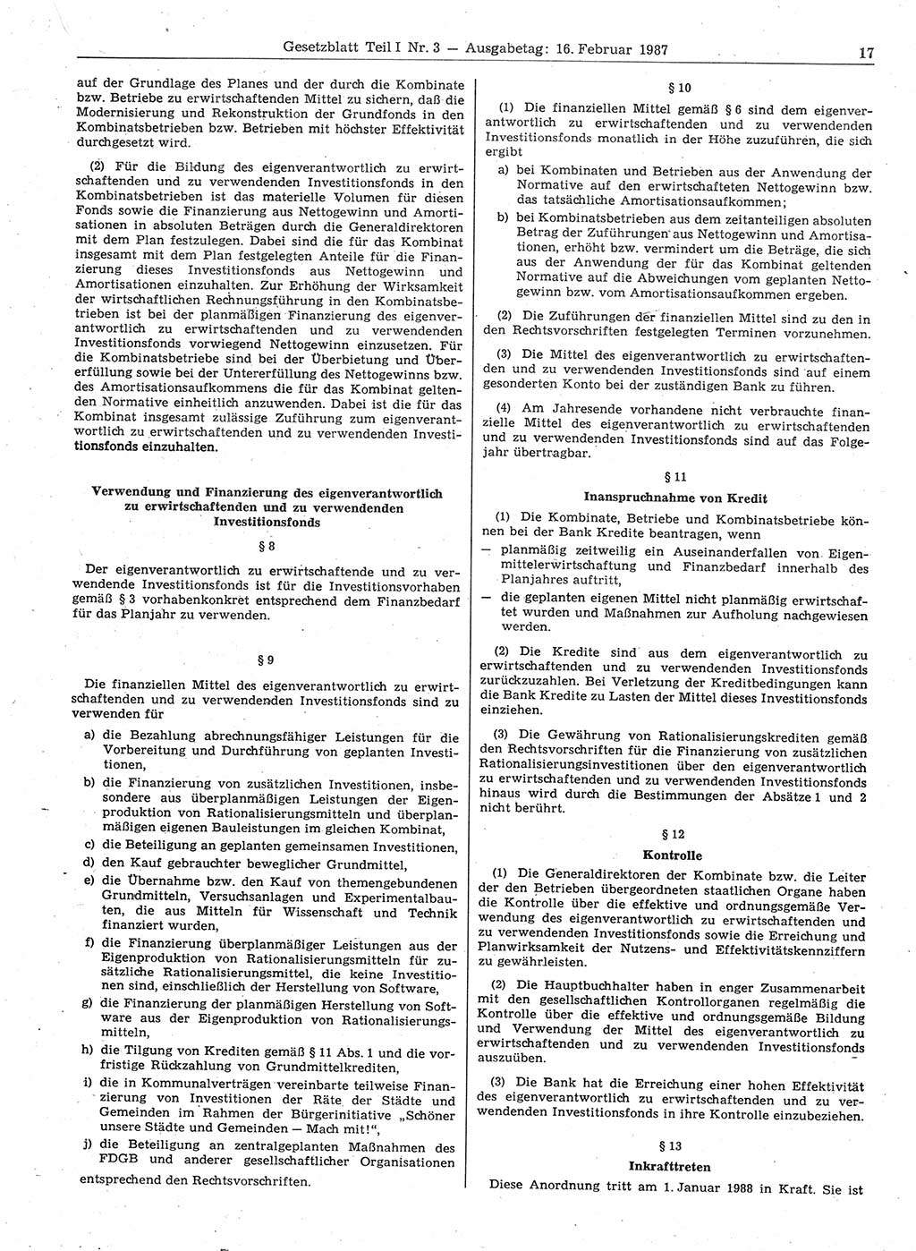 Gesetzblatt (GBl.) der Deutschen Demokratischen Republik (DDR) Teil Ⅰ 1987, Seite 17 (GBl. DDR Ⅰ 1987, S. 17)