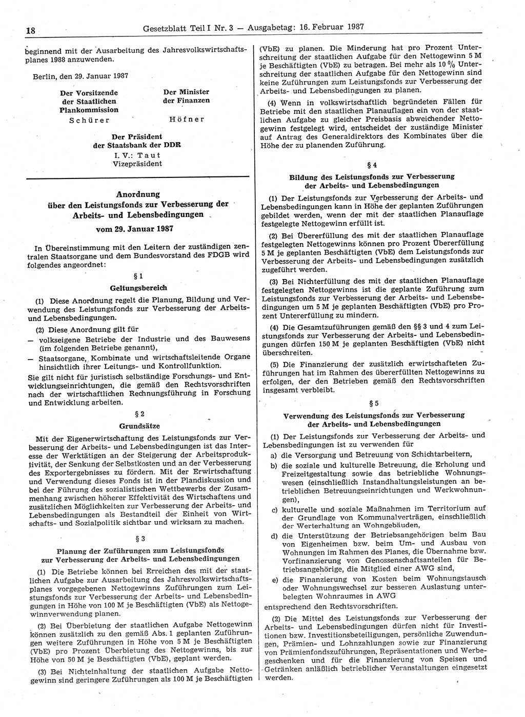 Gesetzblatt (GBl.) der Deutschen Demokratischen Republik (DDR) Teil Ⅰ 1987, Seite 18 (GBl. DDR Ⅰ 1987, S. 18)