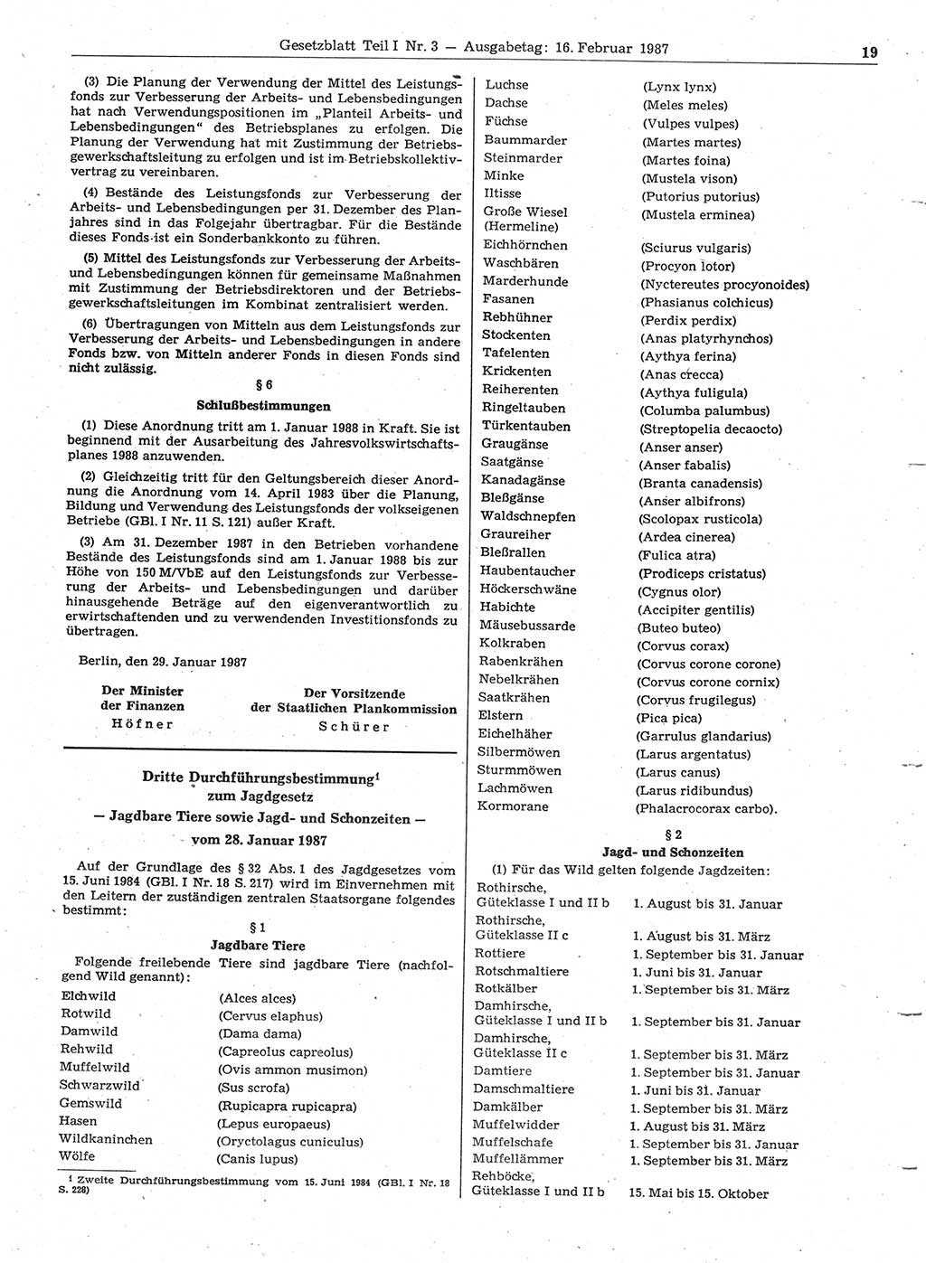 Gesetzblatt (GBl.) der Deutschen Demokratischen Republik (DDR) Teil Ⅰ 1987, Seite 19 (GBl. DDR Ⅰ 1987, S. 19)