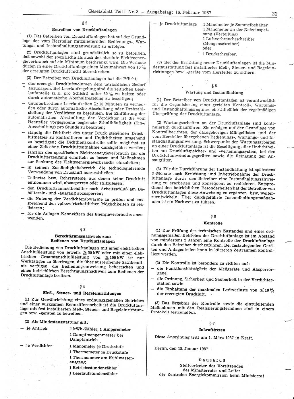 Gesetzblatt (GBl.) der Deutschen Demokratischen Republik (DDR) Teil Ⅰ 1987, Seite 21 (GBl. DDR Ⅰ 1987, S. 21)