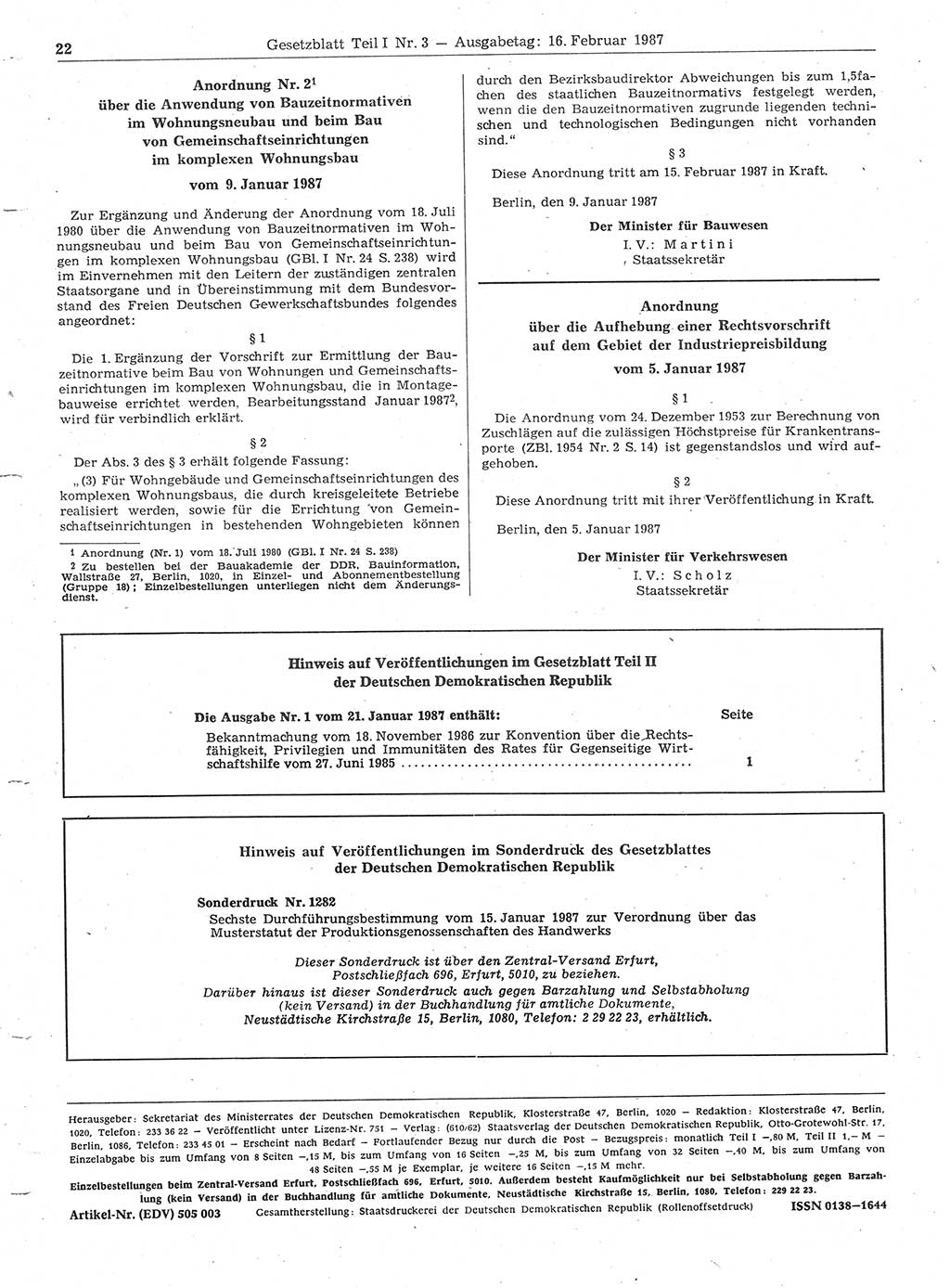 Gesetzblatt (GBl.) der Deutschen Demokratischen Republik (DDR) Teil Ⅰ 1987, Seite 22 (GBl. DDR Ⅰ 1987, S. 22)