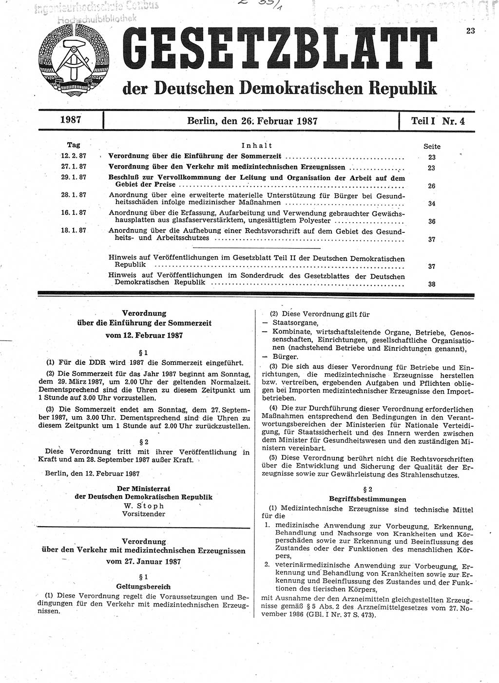 Gesetzblatt (GBl.) der Deutschen Demokratischen Republik (DDR) Teil Ⅰ 1987, Seite 23 (GBl. DDR Ⅰ 1987, S. 23)