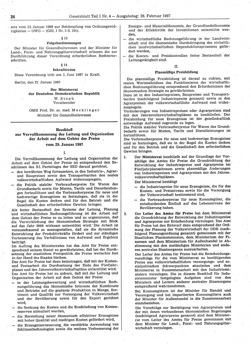 Gesetzblatt (GBl.) der Deutschen Demokratischen Republik (DDR) Teil Ⅰ 1987, Seite 26 (GBl. DDR Ⅰ 1987, S. 26)