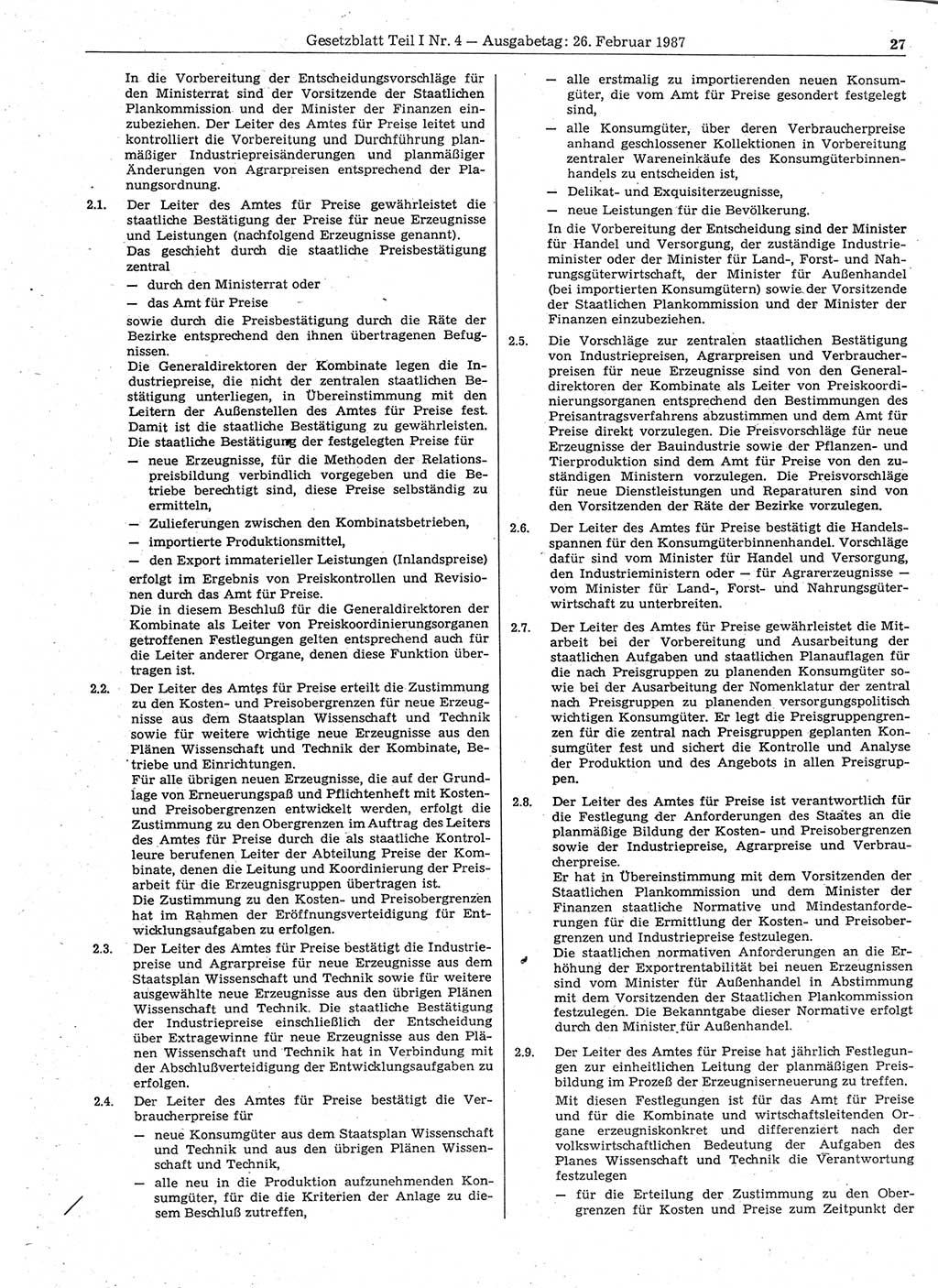 Gesetzblatt (GBl.) der Deutschen Demokratischen Republik (DDR) Teil Ⅰ 1987, Seite 27 (GBl. DDR Ⅰ 1987, S. 27)