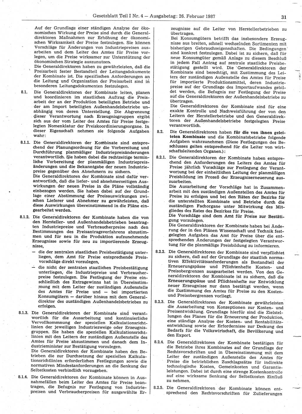 Gesetzblatt (GBl.) der Deutschen Demokratischen Republik (DDR) Teil Ⅰ 1987, Seite 31 (GBl. DDR Ⅰ 1987, S. 31)