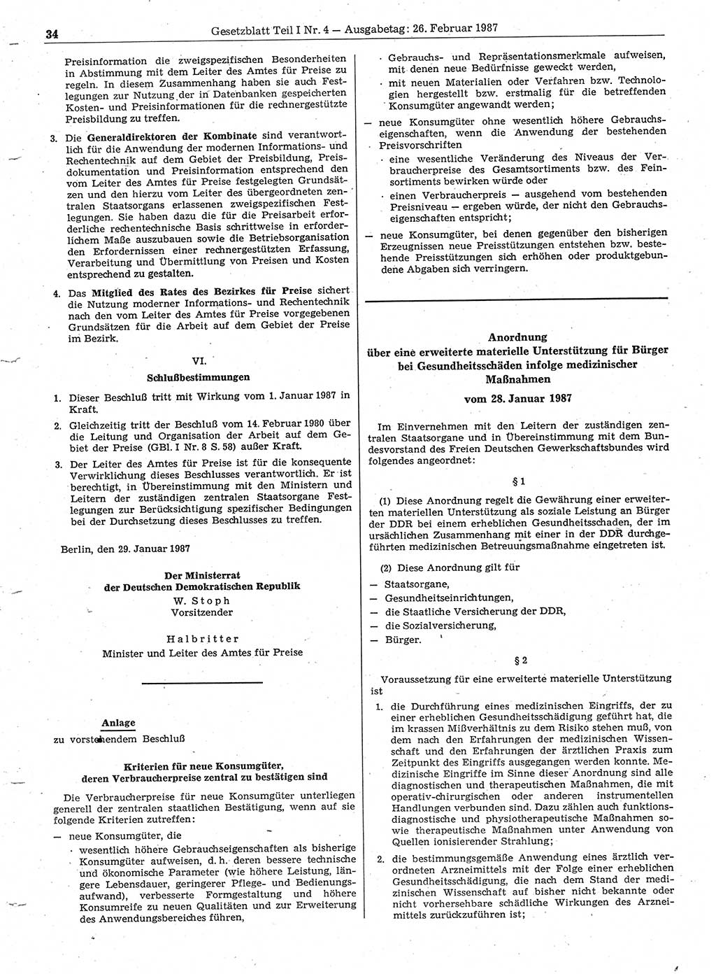 Gesetzblatt (GBl.) der Deutschen Demokratischen Republik (DDR) Teil Ⅰ 1987, Seite 34 (GBl. DDR Ⅰ 1987, S. 34)