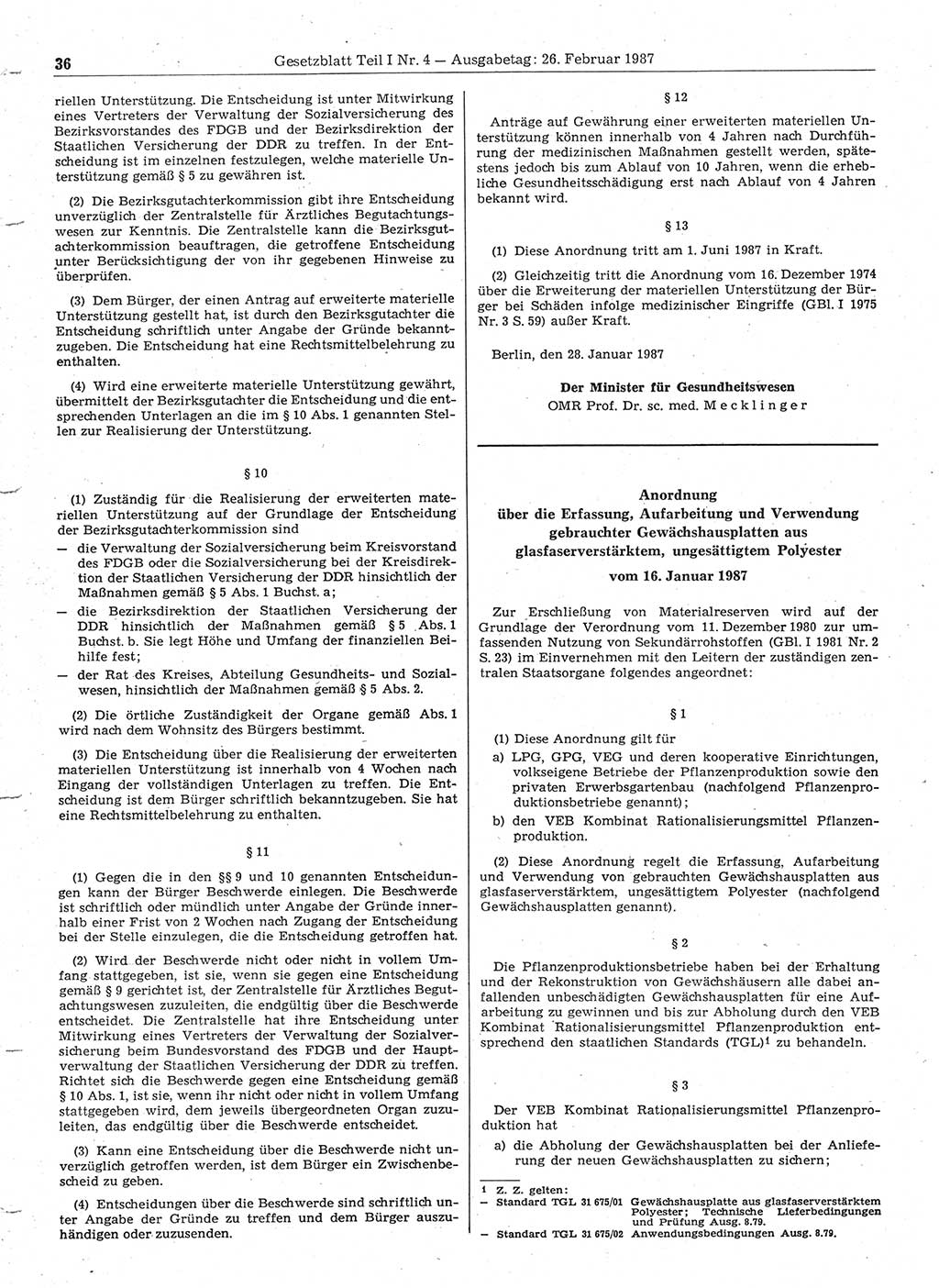 Gesetzblatt (GBl.) der Deutschen Demokratischen Republik (DDR) Teil Ⅰ 1987, Seite 36 (GBl. DDR Ⅰ 1987, S. 36)