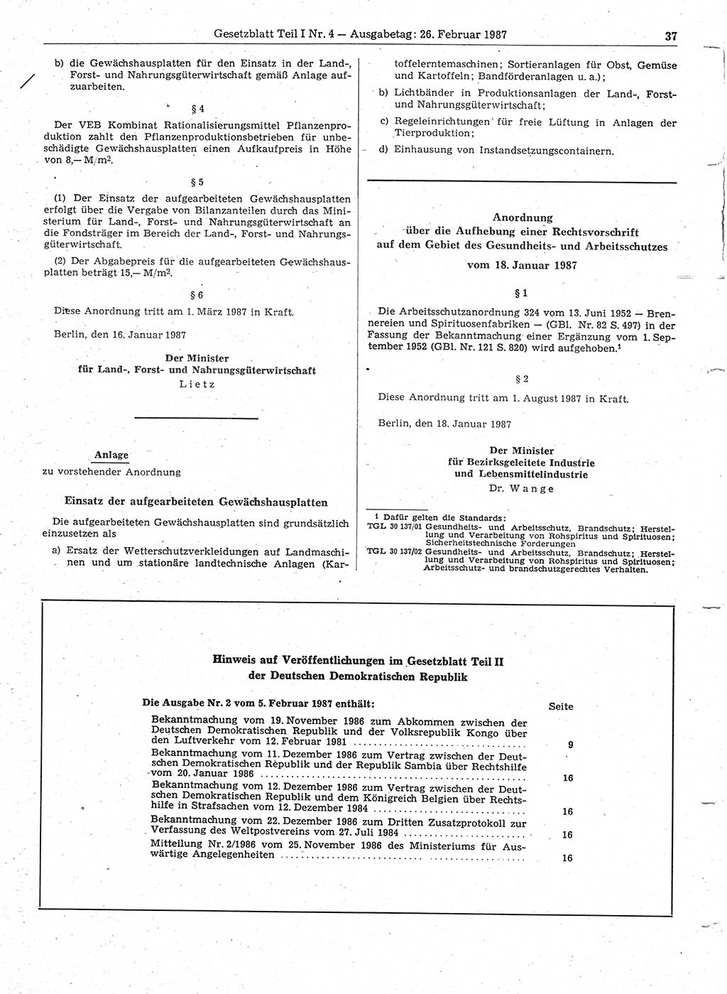 Gesetzblatt (GBl.) der Deutschen Demokratischen Republik (DDR) Teil Ⅰ 1987, Seite 37 (GBl. DDR Ⅰ 1987, S. 37)